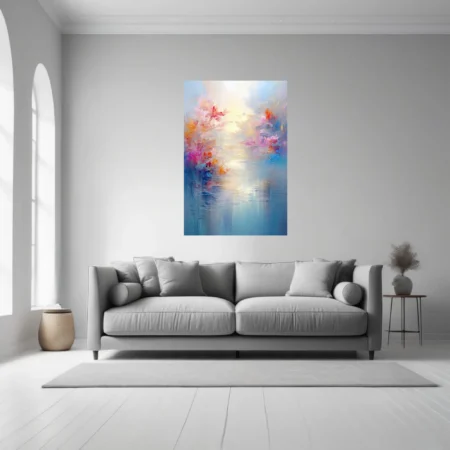 Dreamy abstract floral riverscape in pastel pink, coral, and blue with