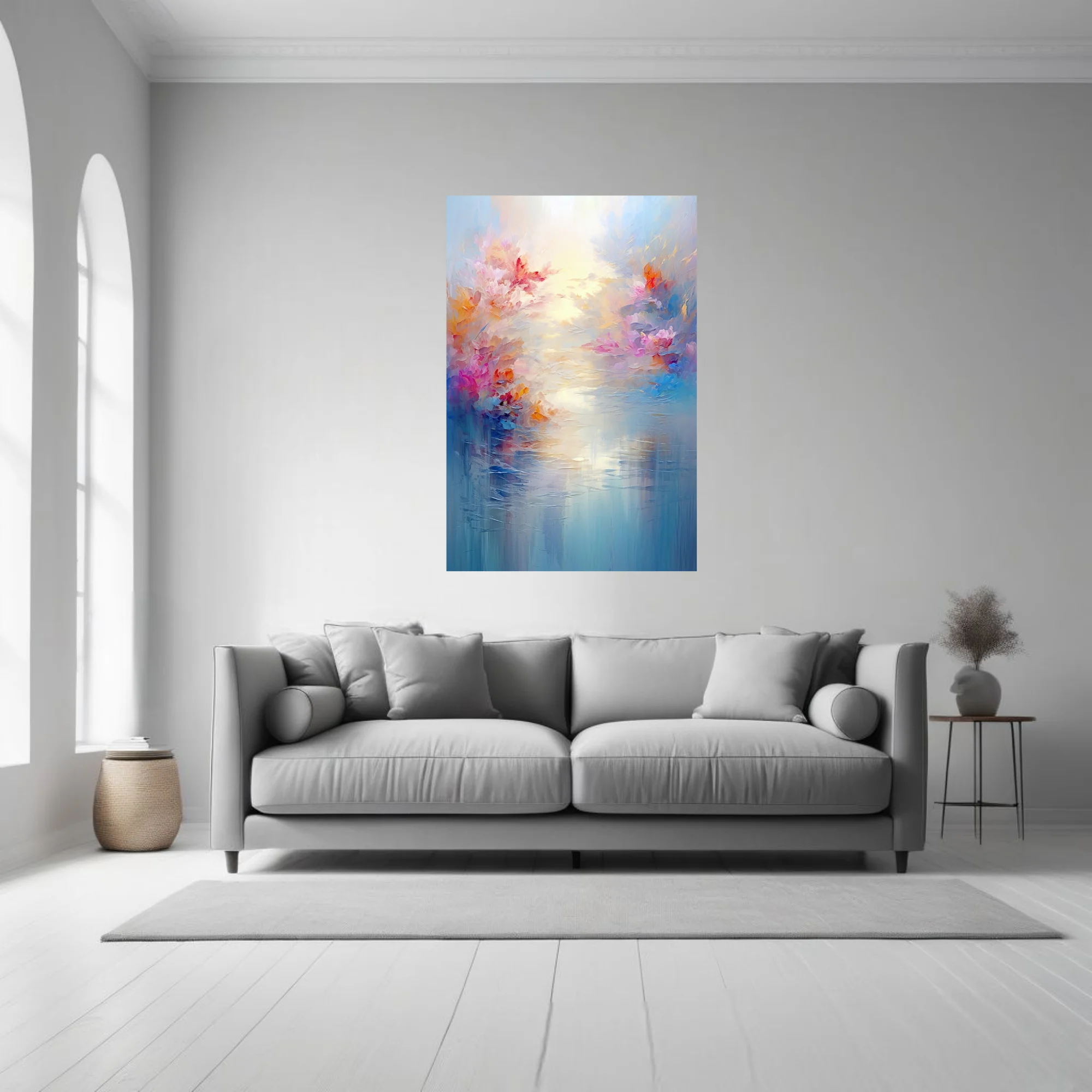 Dreamy abstract floral riverscape in pastel pink, coral, and blue with