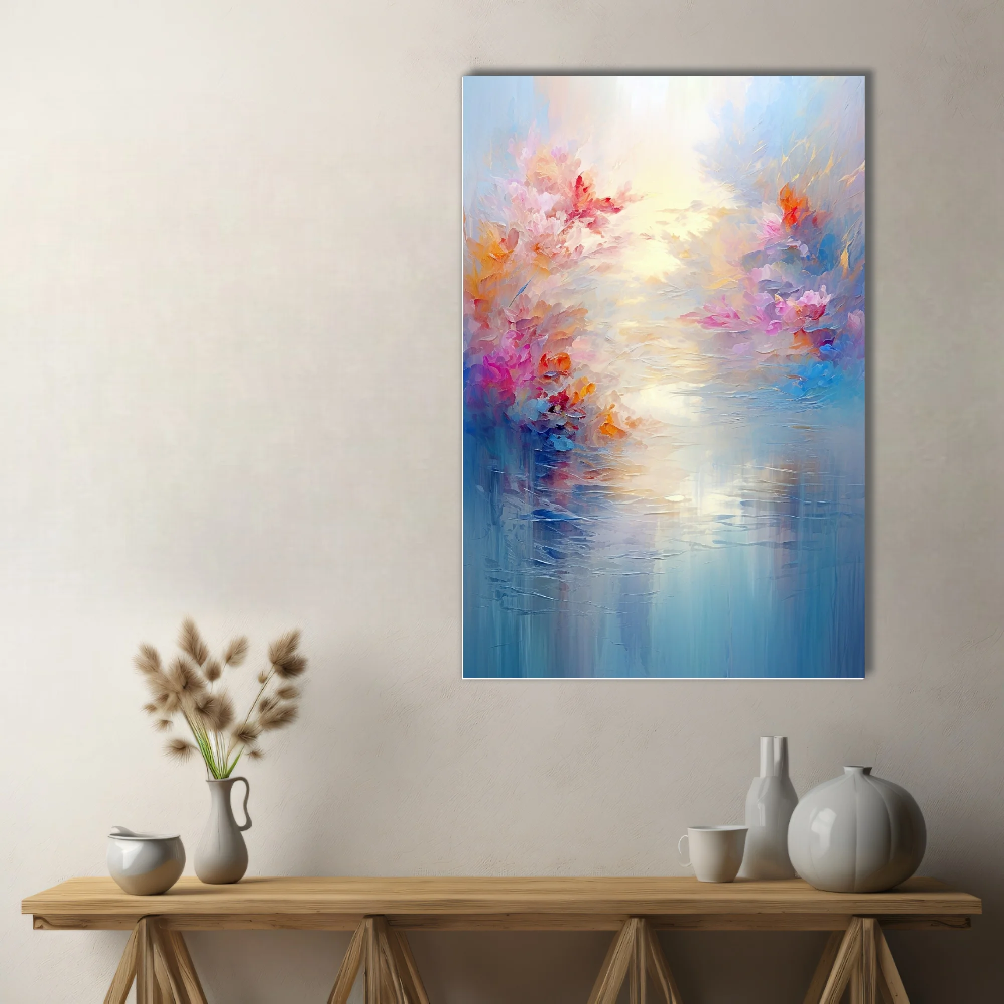 Dreamy abstract floral riverscape in pastel pink, coral, and blue with