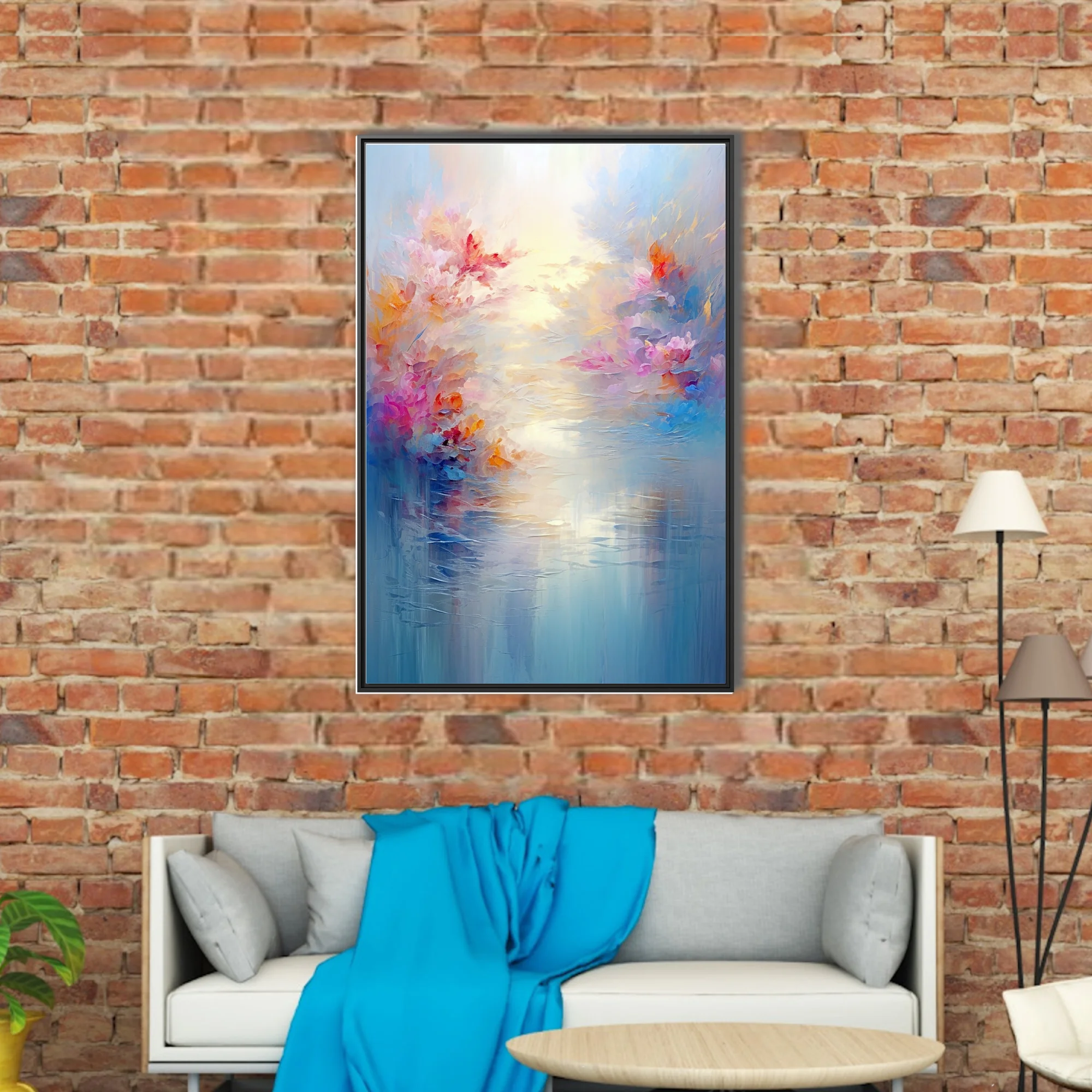 Dreamy abstract floral riverscape in pastel pink, coral, and blue with