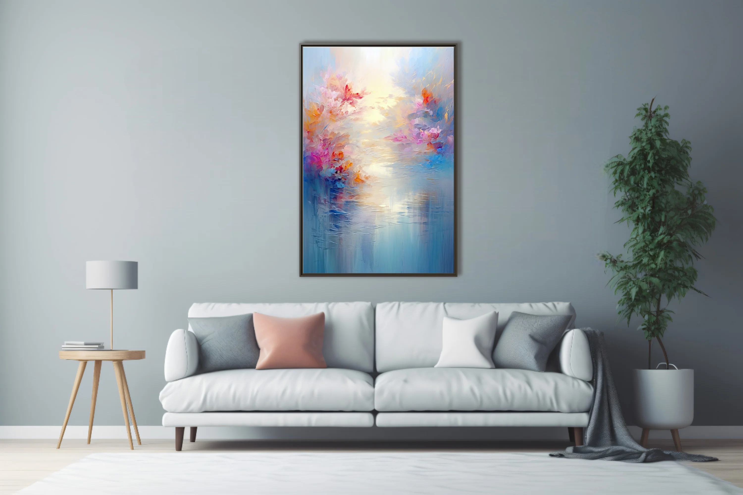 Dreamy abstract floral riverscape in pastel pink, coral, and blue with