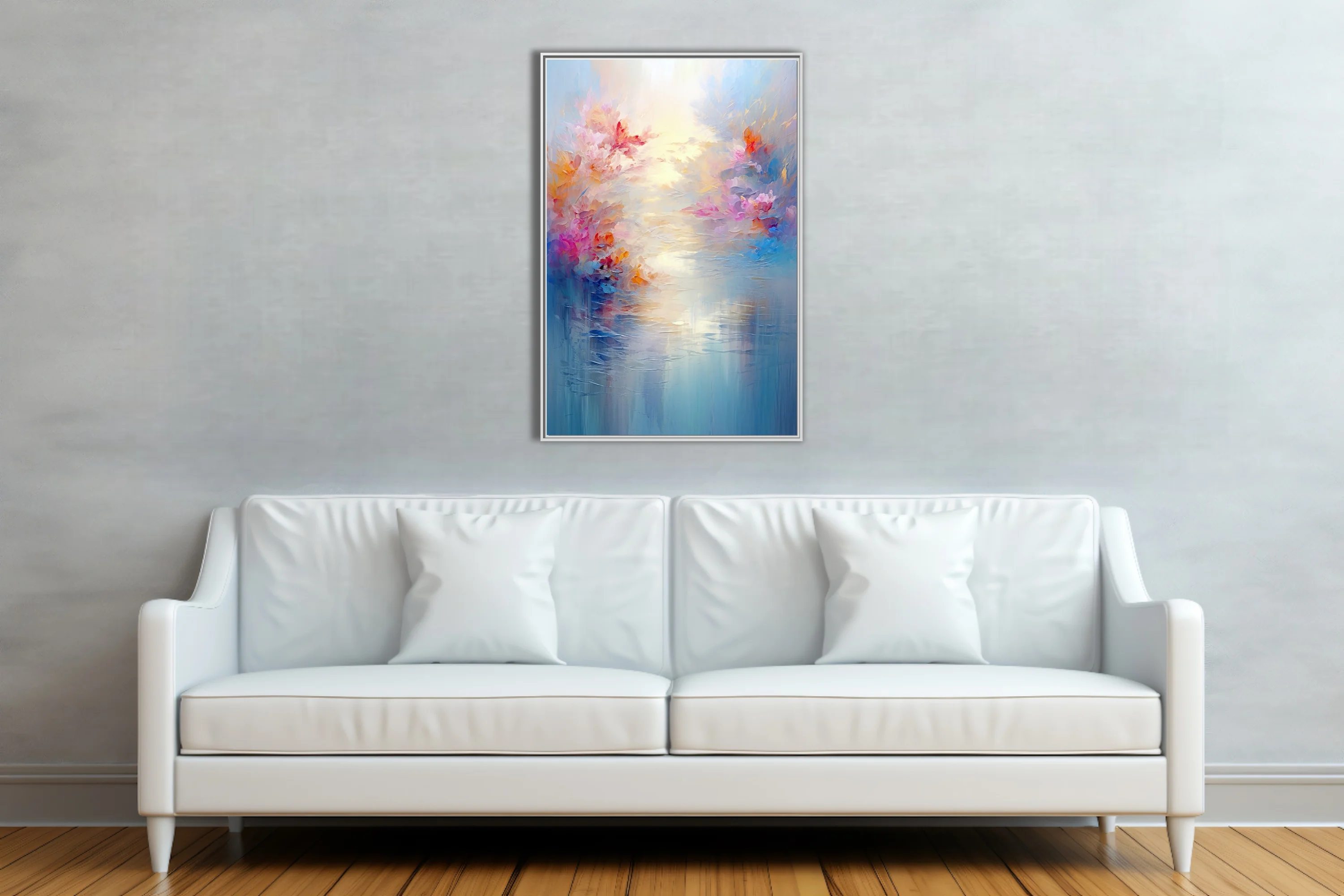 Dreamy abstract floral riverscape in pastel pink, coral, and blue with