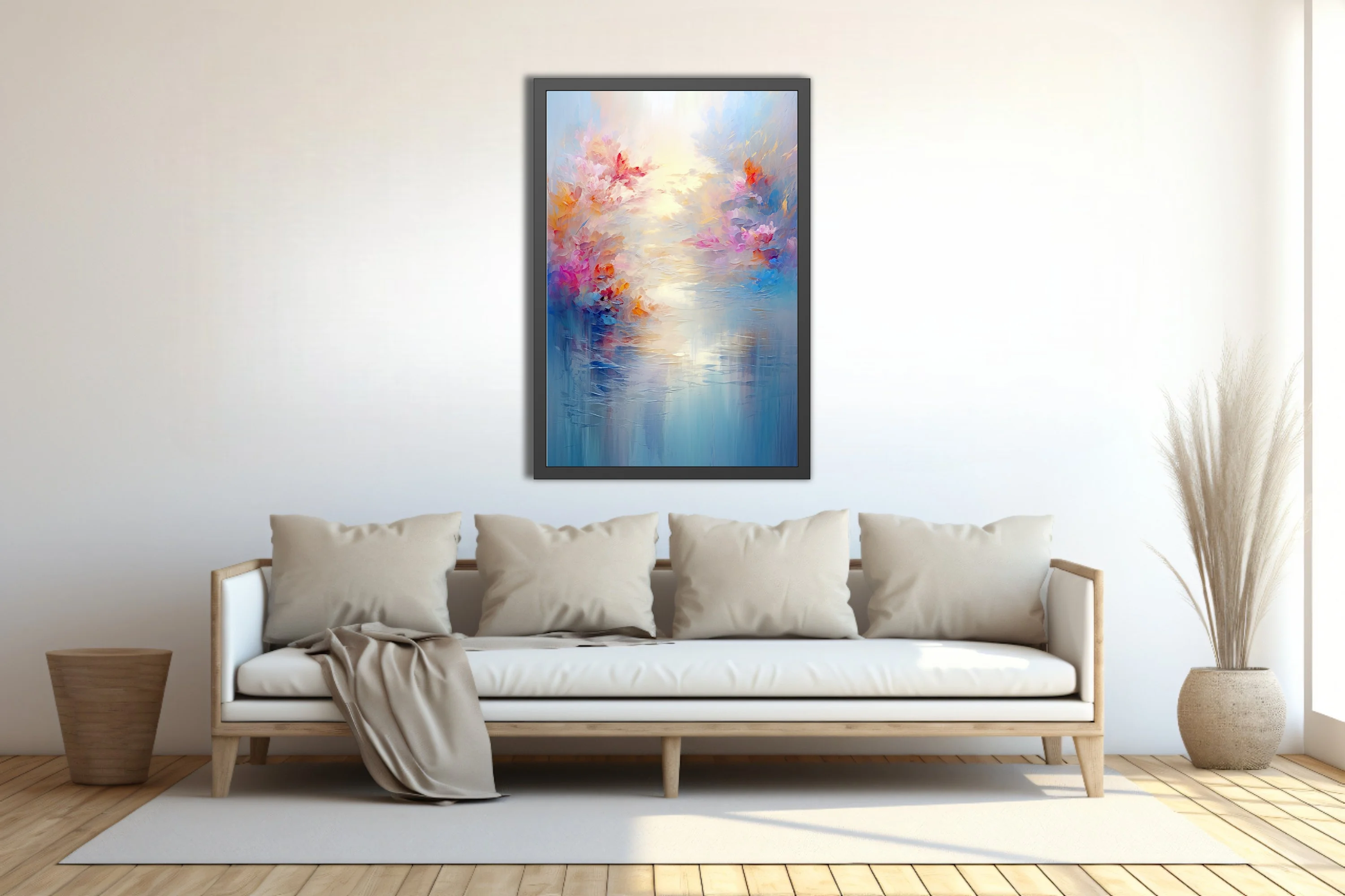Dreamy abstract floral riverscape in pastel pink, coral, and blue with