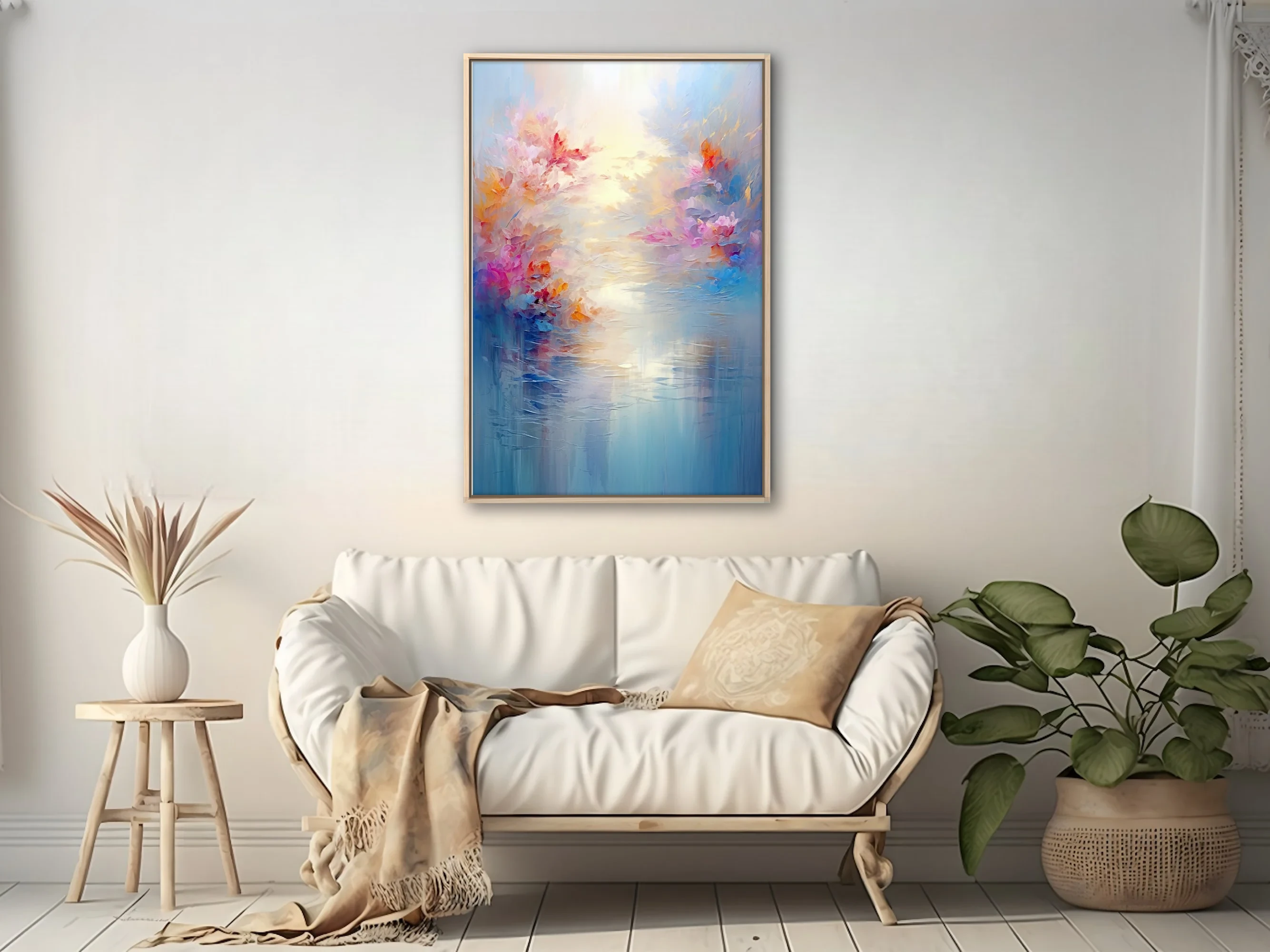 Dreamy abstract floral riverscape in pastel pink, coral, and blue with