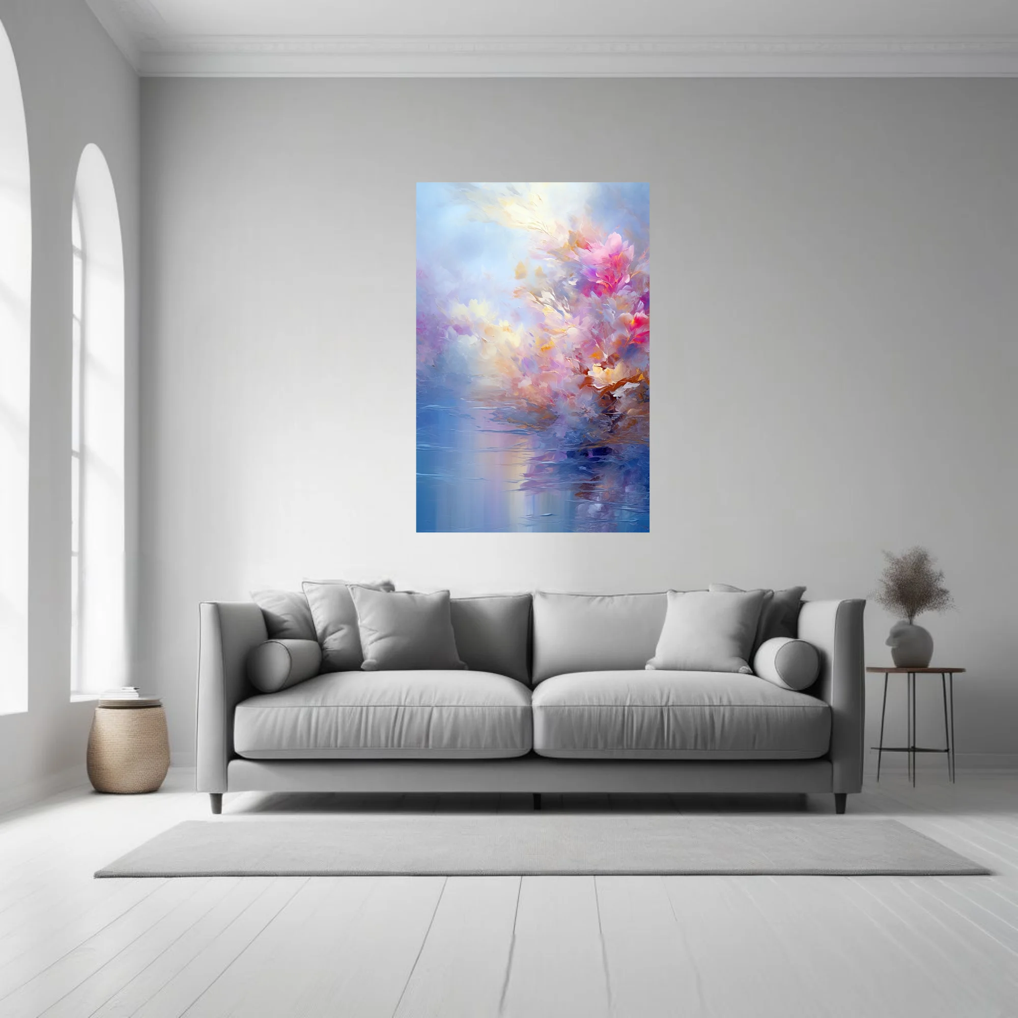 Dreamy abstract floral landscape in pastel pinks, golds and blues with