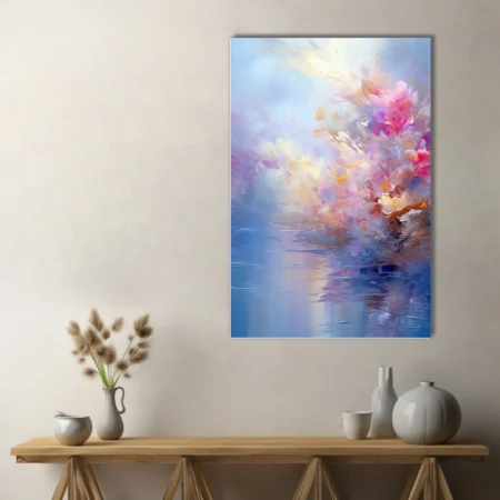 Dreamy abstract floral landscape in pastel pinks, golds and blues with