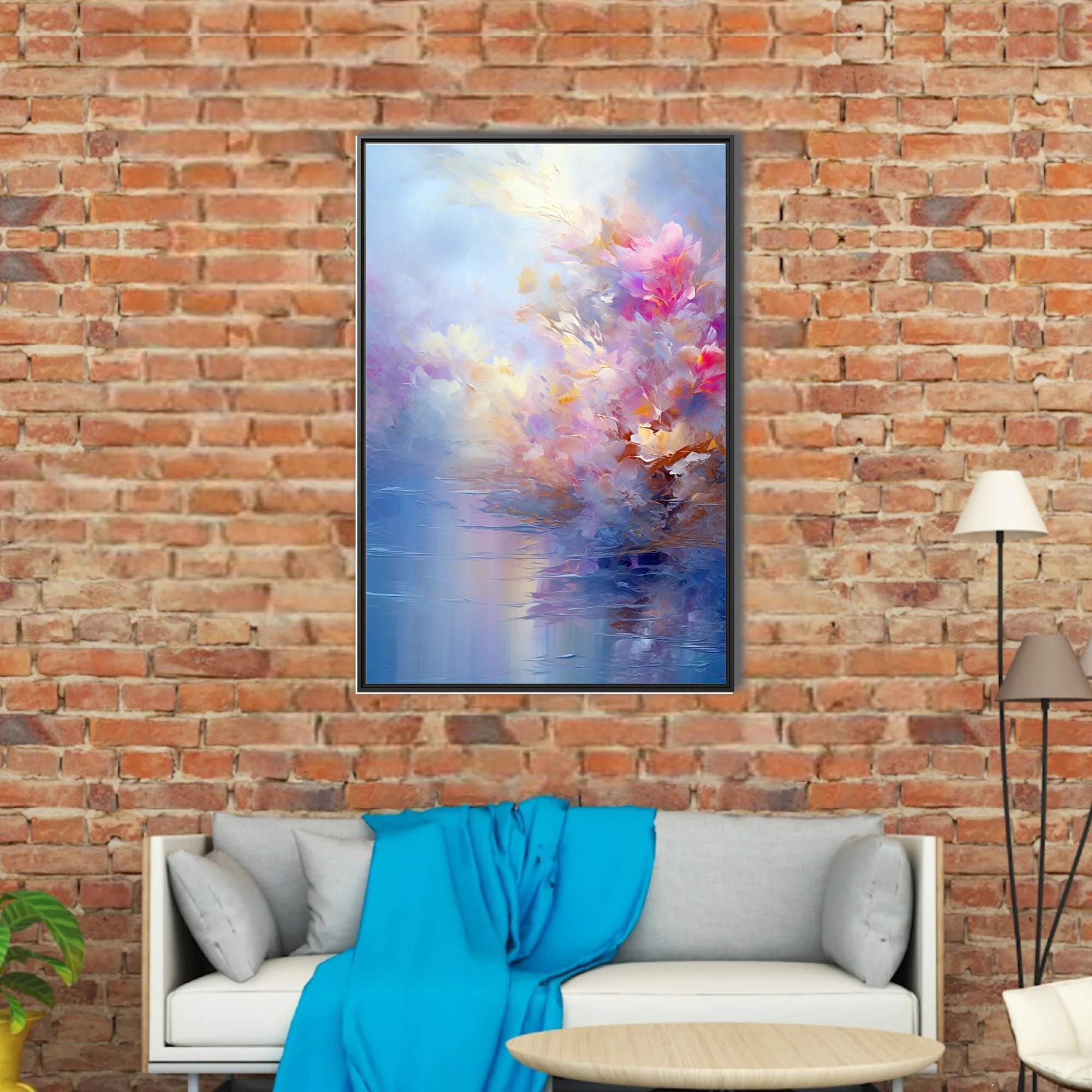 Dreamy abstract floral landscape in pastel pinks, golds and blues with