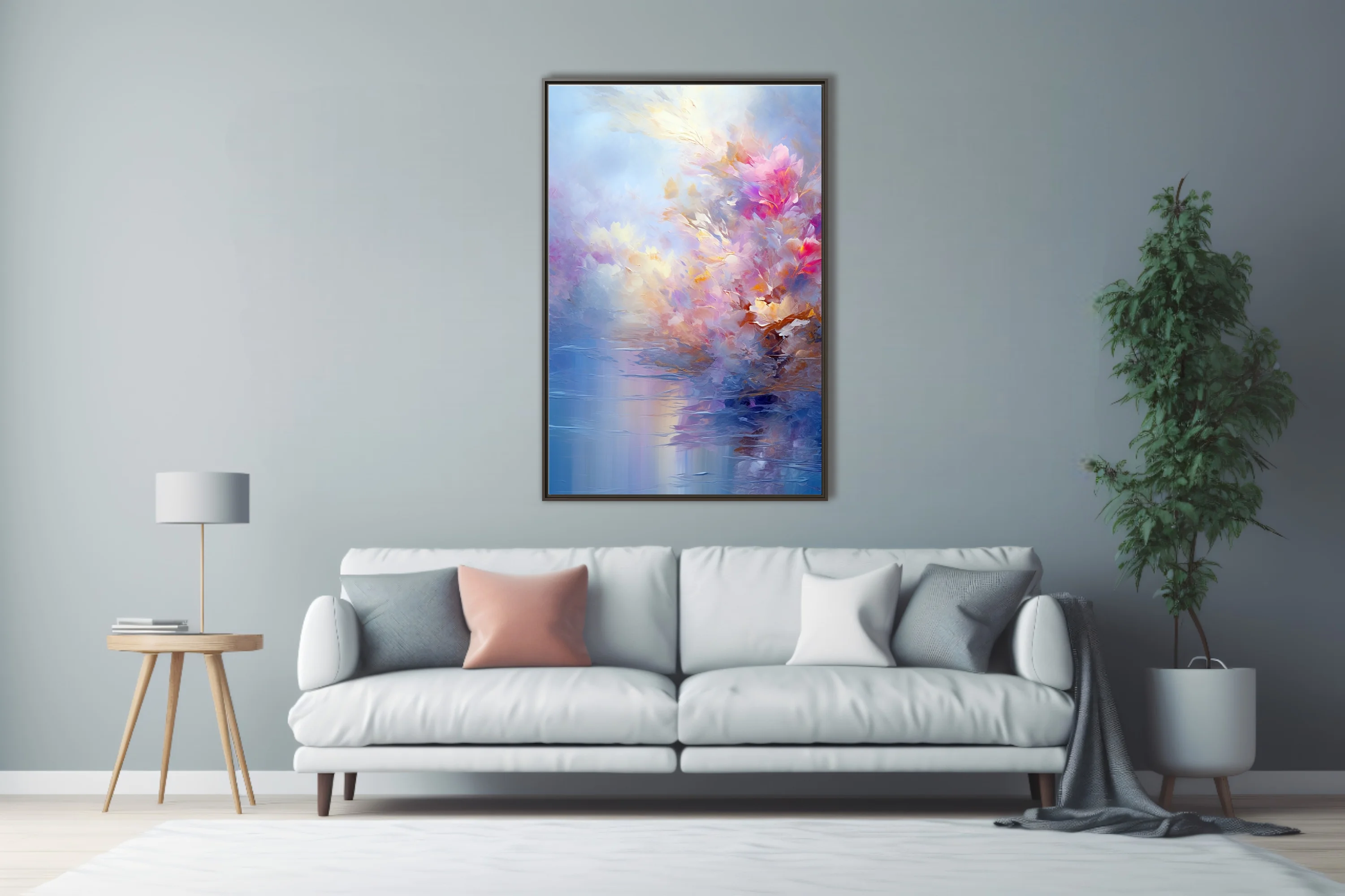 Dreamy abstract floral landscape in pastel pinks, golds and blues with