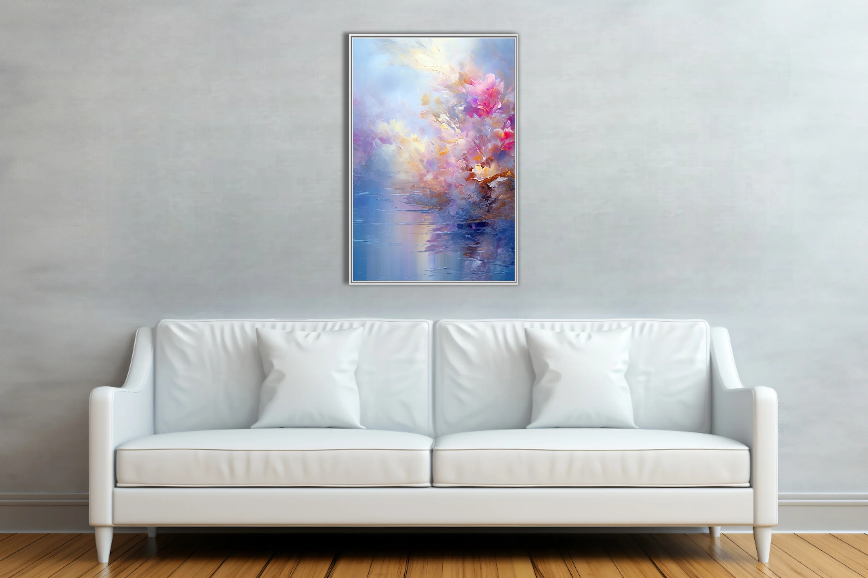 Dreamy abstract floral landscape in pastel pinks, golds and blues with