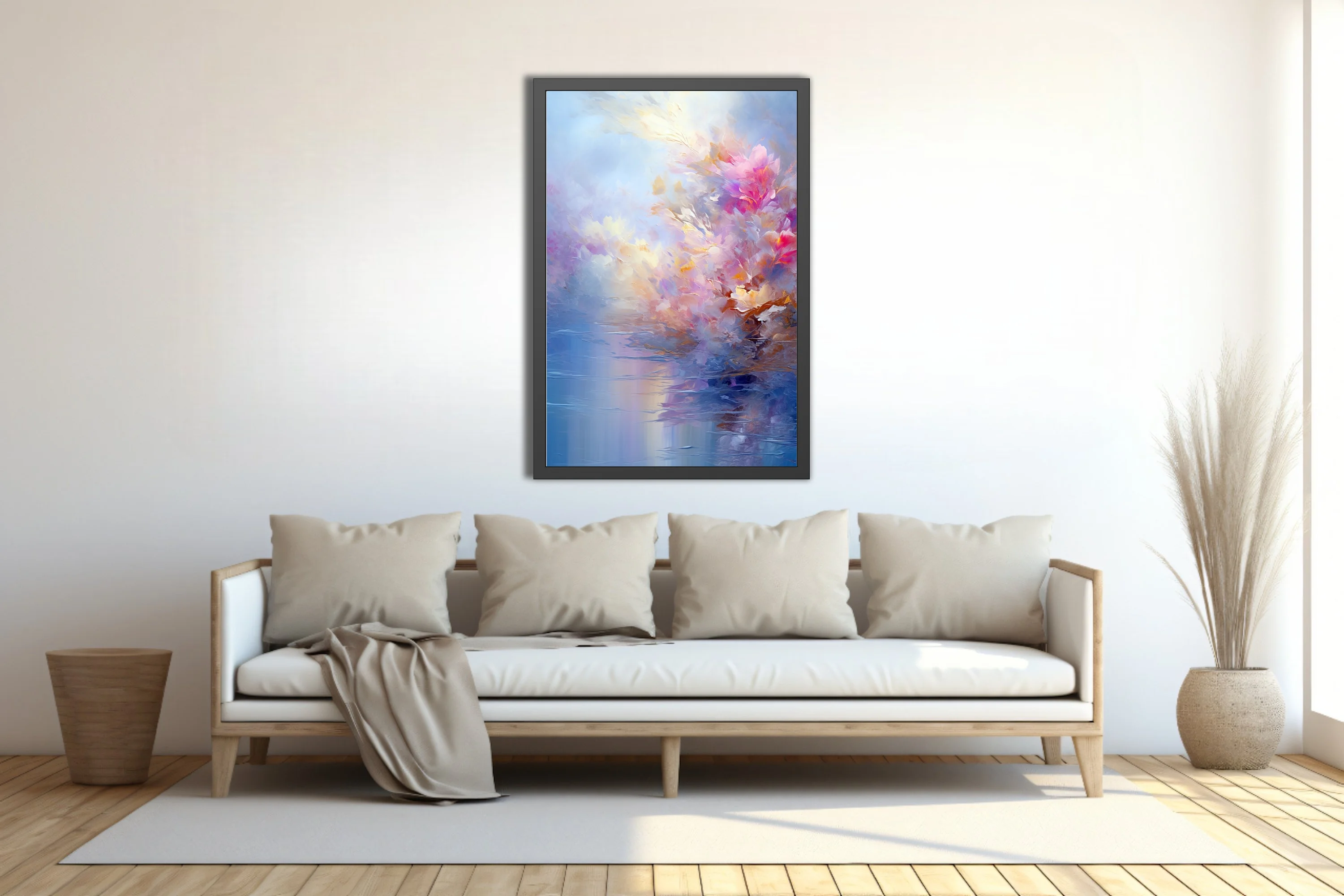 Dreamy abstract floral landscape in pastel pinks, golds and blues with