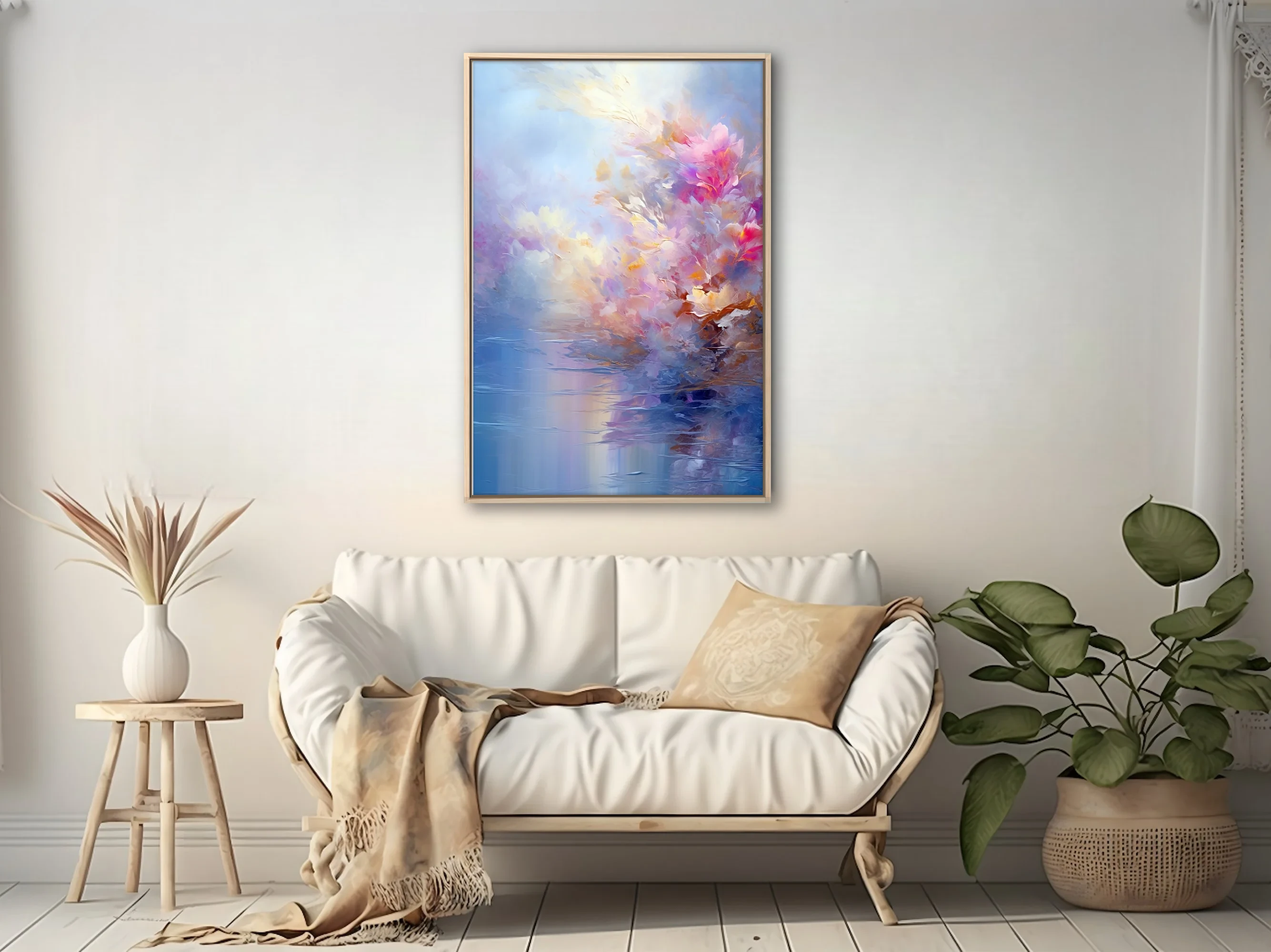 Dreamy abstract floral landscape in pastel pinks, golds and blues with