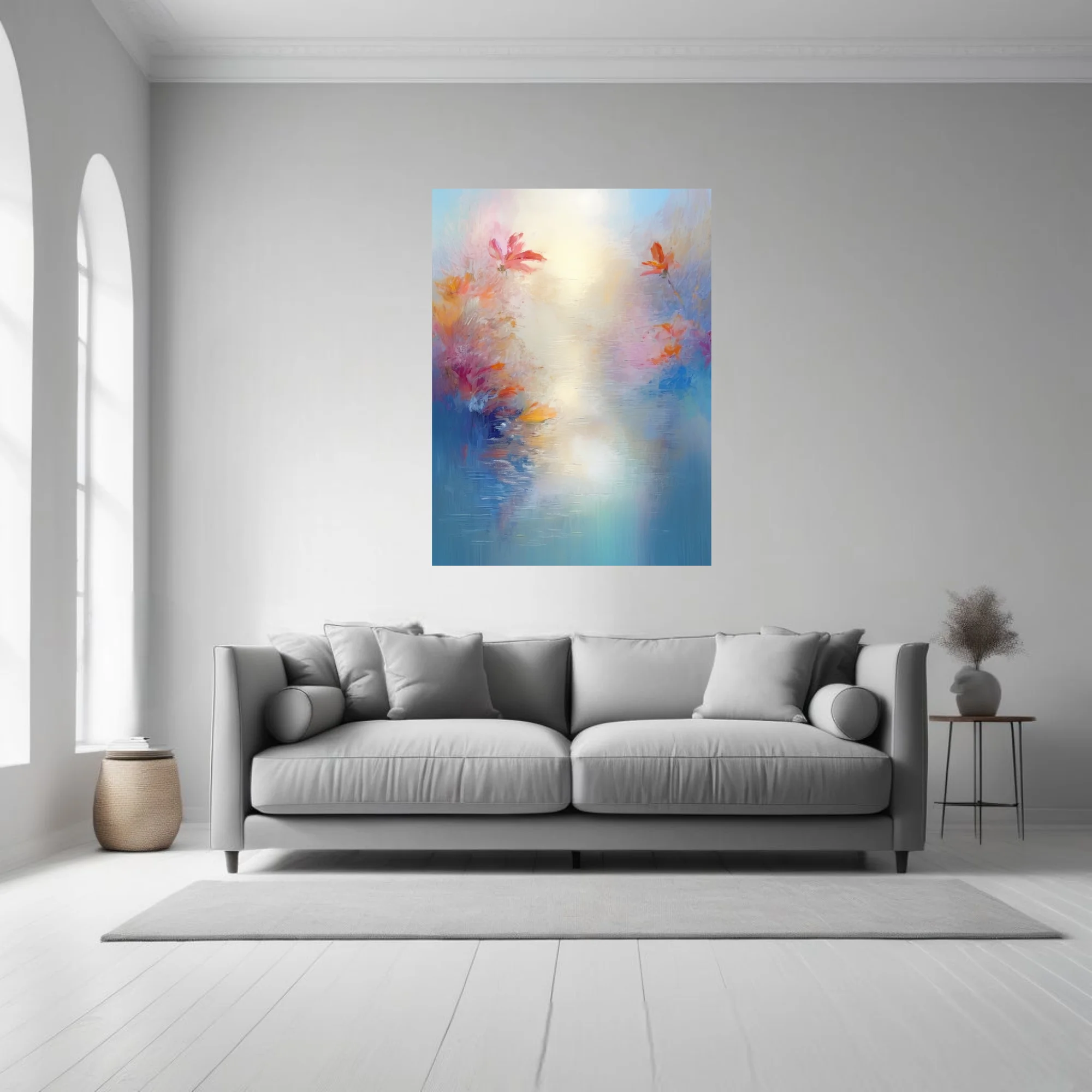 Dreamy pastel floral artwork with coral blooms over soft blue water in painterly strokes