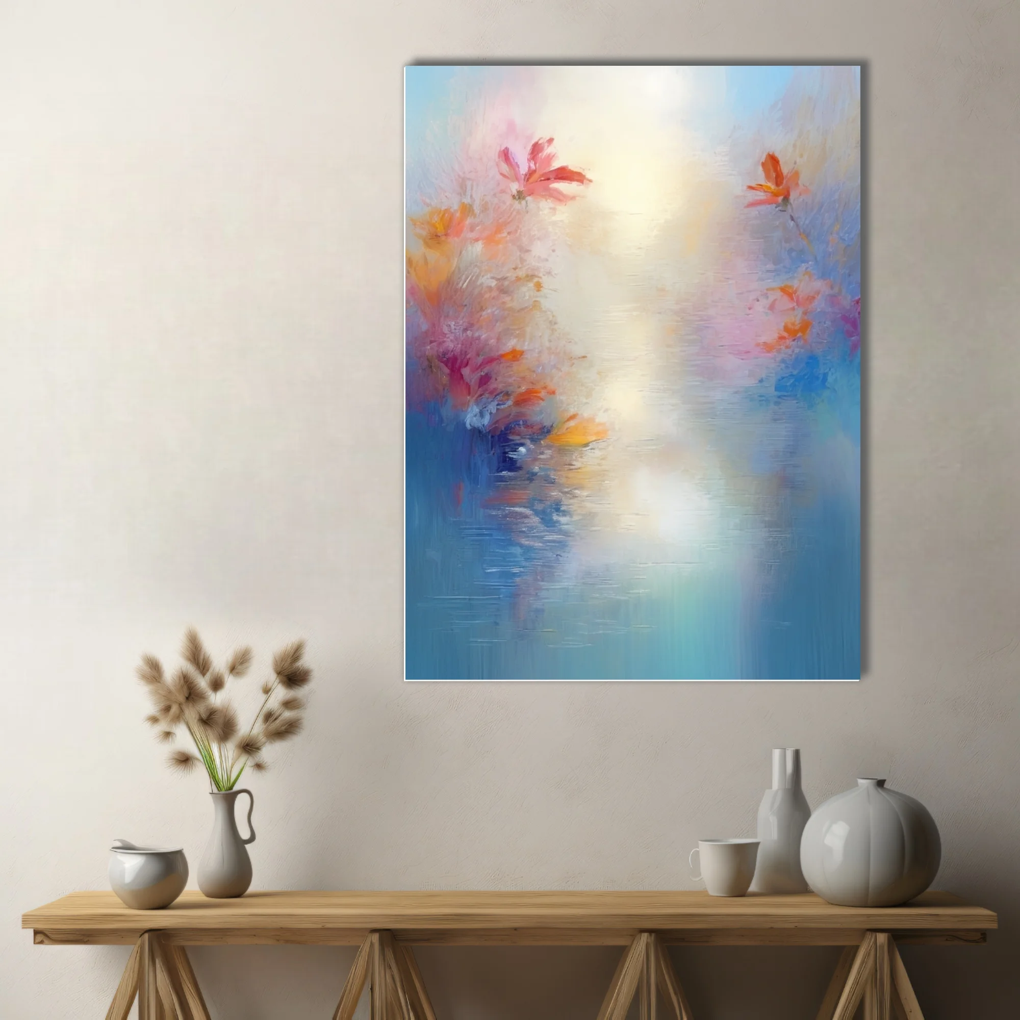 Dreamy pastel floral artwork with coral blooms over soft blue water in painterly strokes