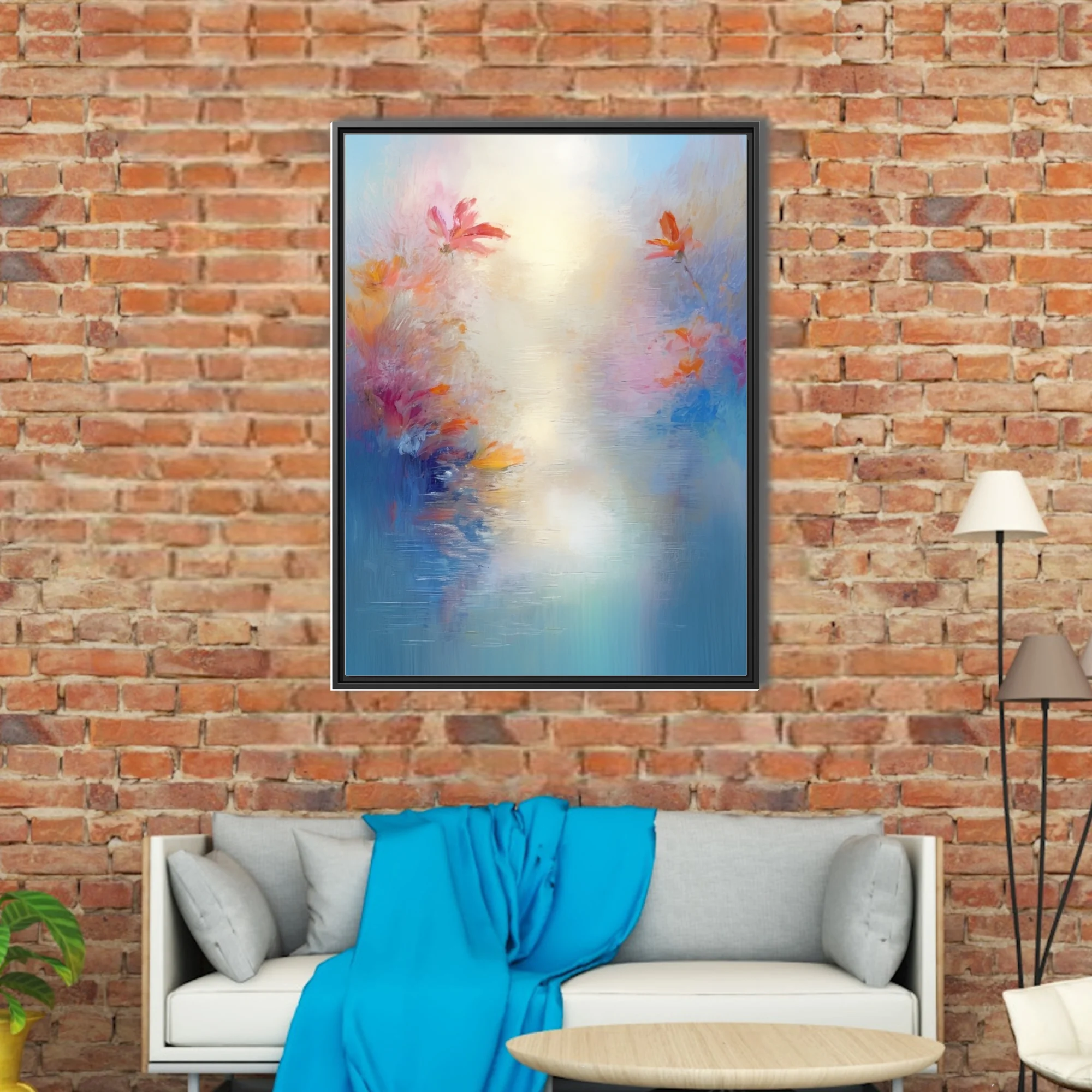 Dreamy pastel floral artwork with coral blooms over soft blue water in painterly strokes