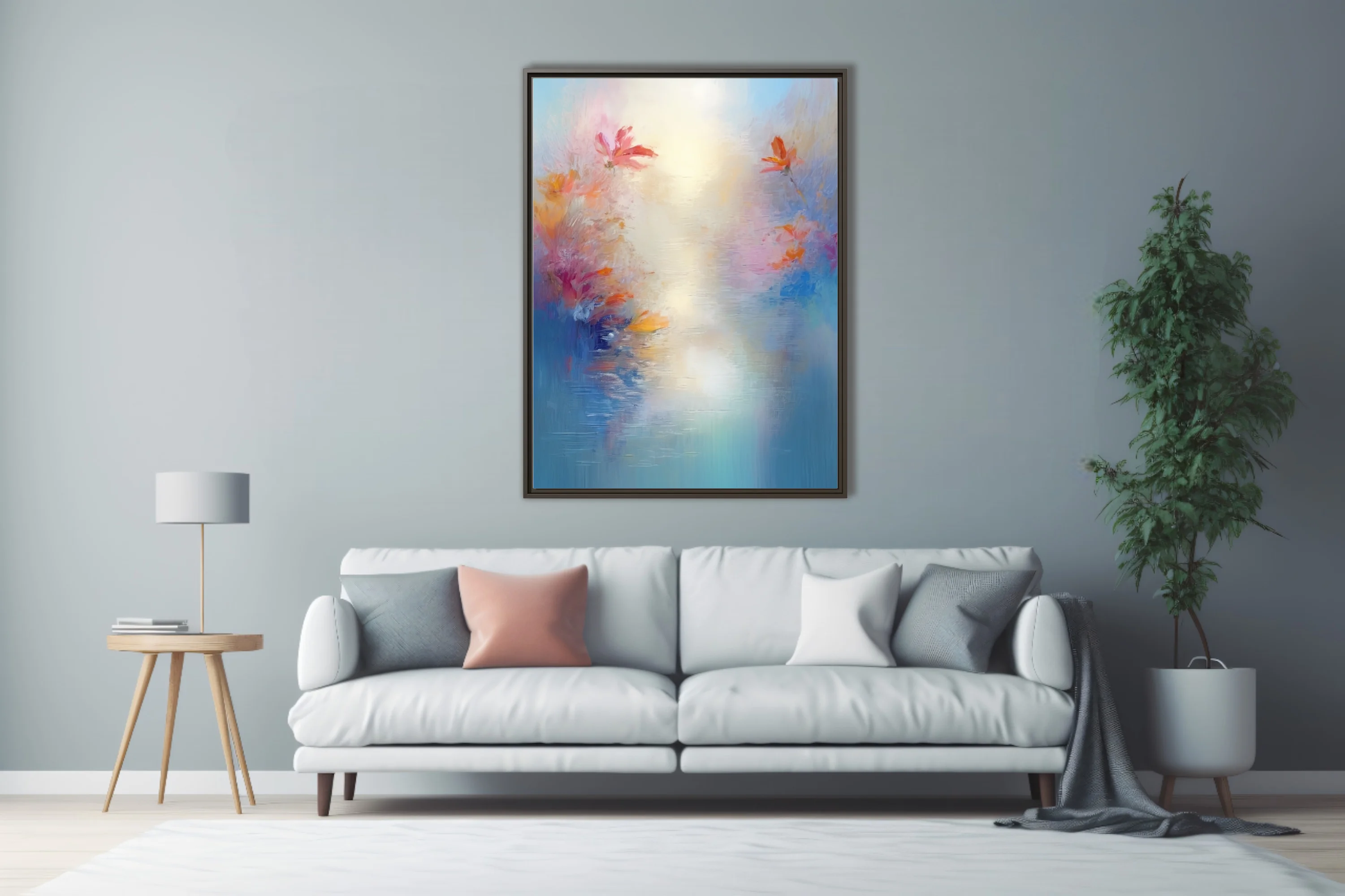 Dreamy pastel floral artwork with coral blooms over soft blue water in painterly strokes