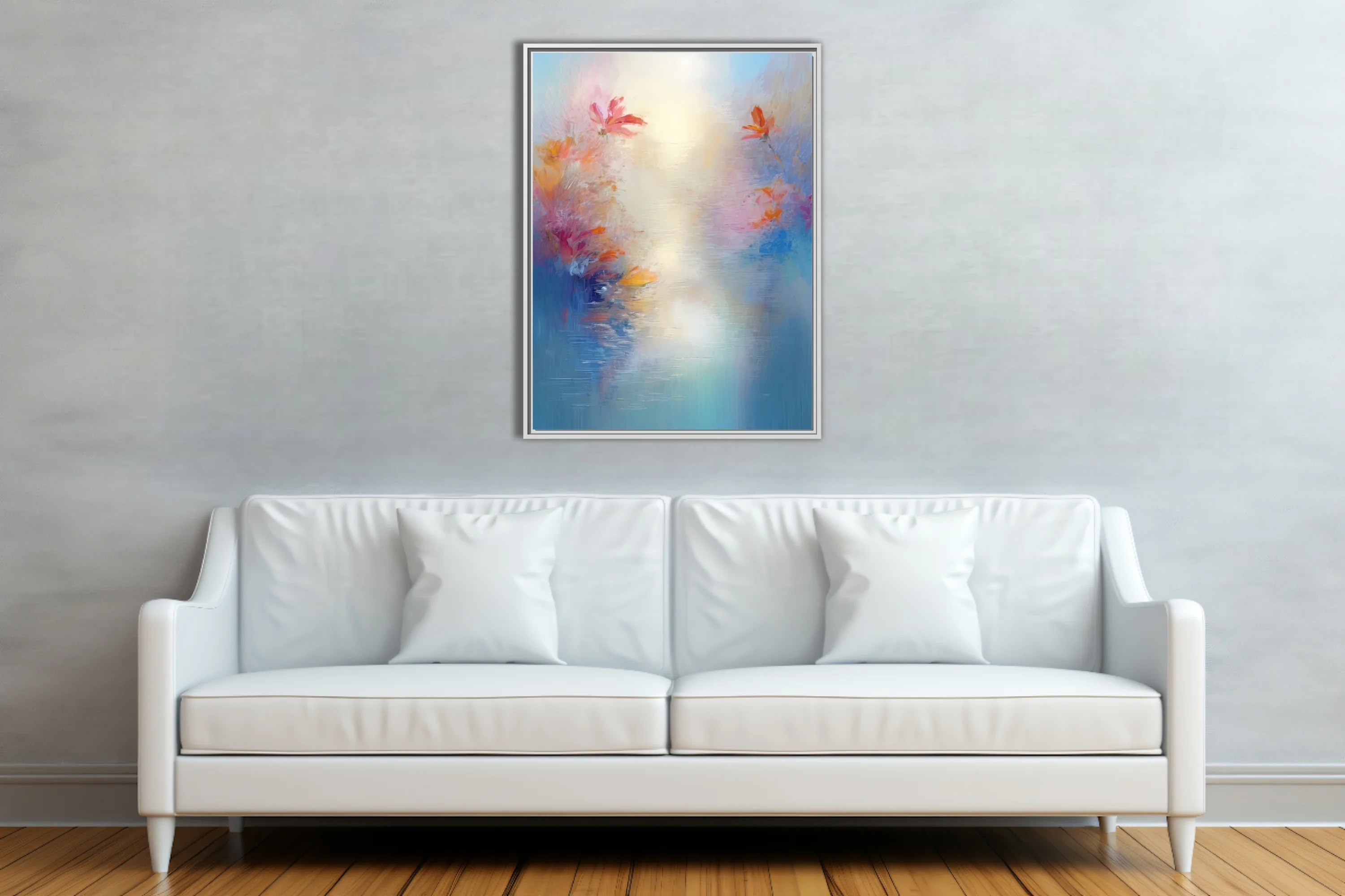Dreamy pastel floral artwork with coral blooms over soft blue water in painterly strokes