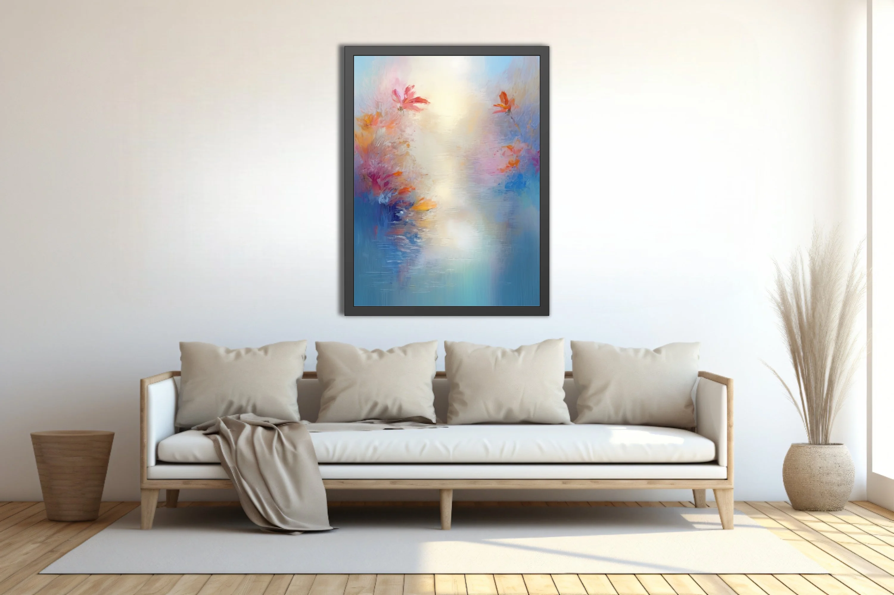 Dreamy pastel floral artwork with coral blooms over soft blue water in painterly strokes