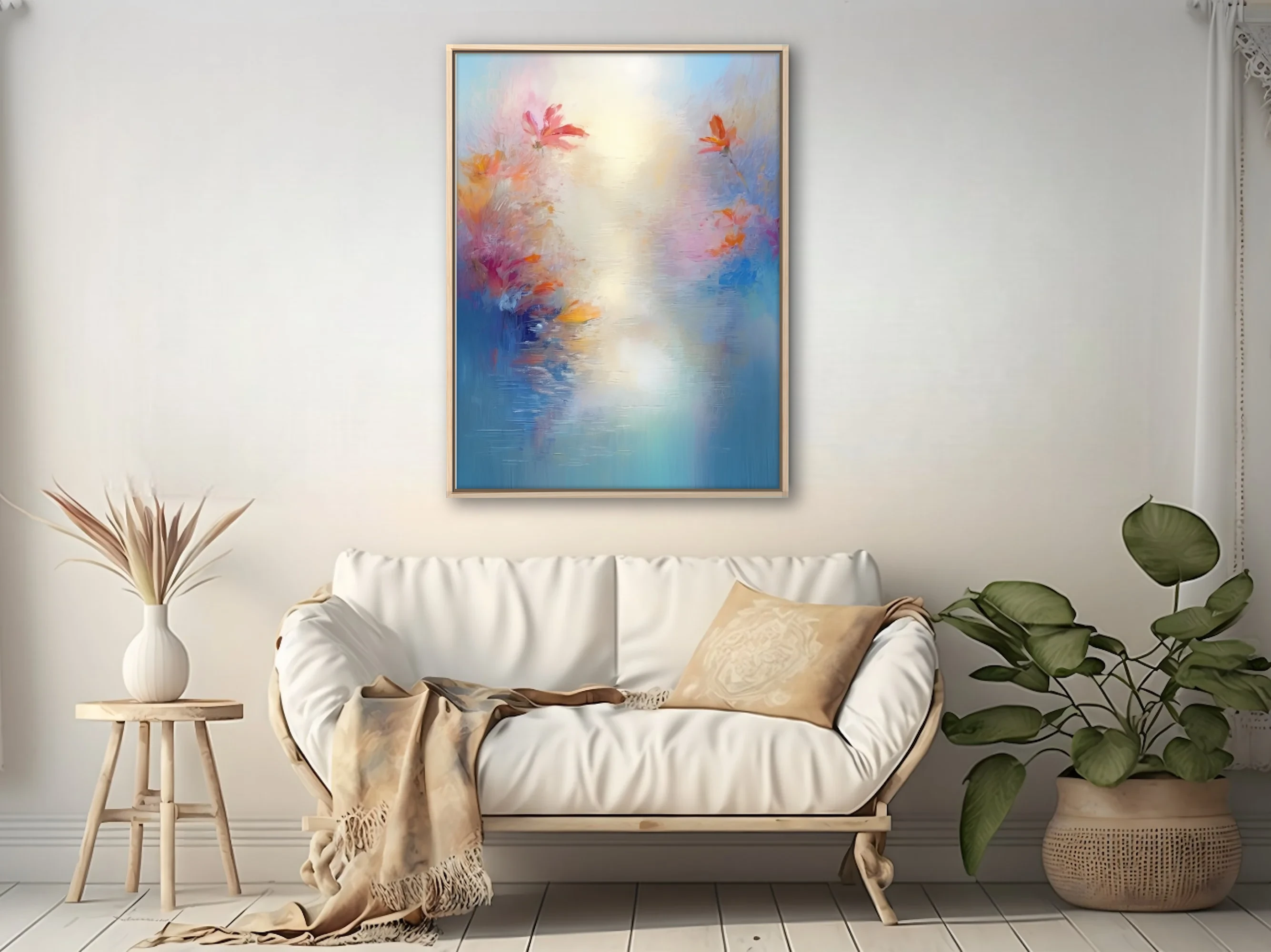 Dreamy pastel floral artwork with coral blooms over soft blue water in painterly strokes