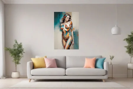 Geometric abstract nude figure study in teal orange and red geometric color blocks
