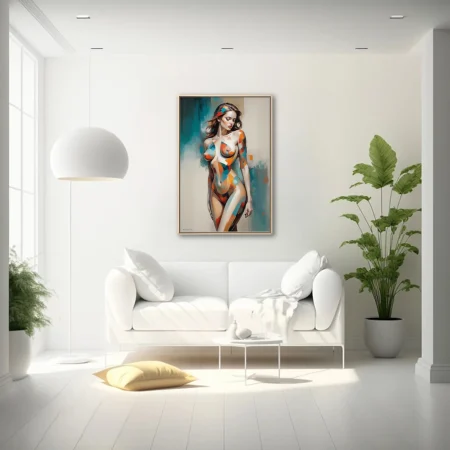 Geometric abstract nude figure study in teal orange and red geometric color blocks
