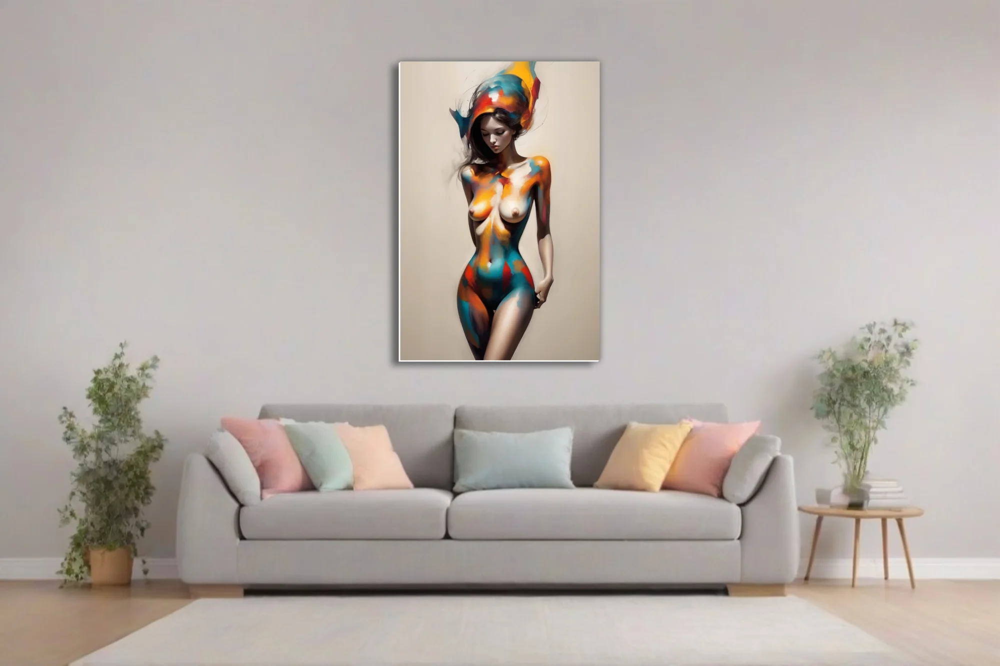 Expressive nude figure study with vivid teal, orange, and crimson strokes on cream