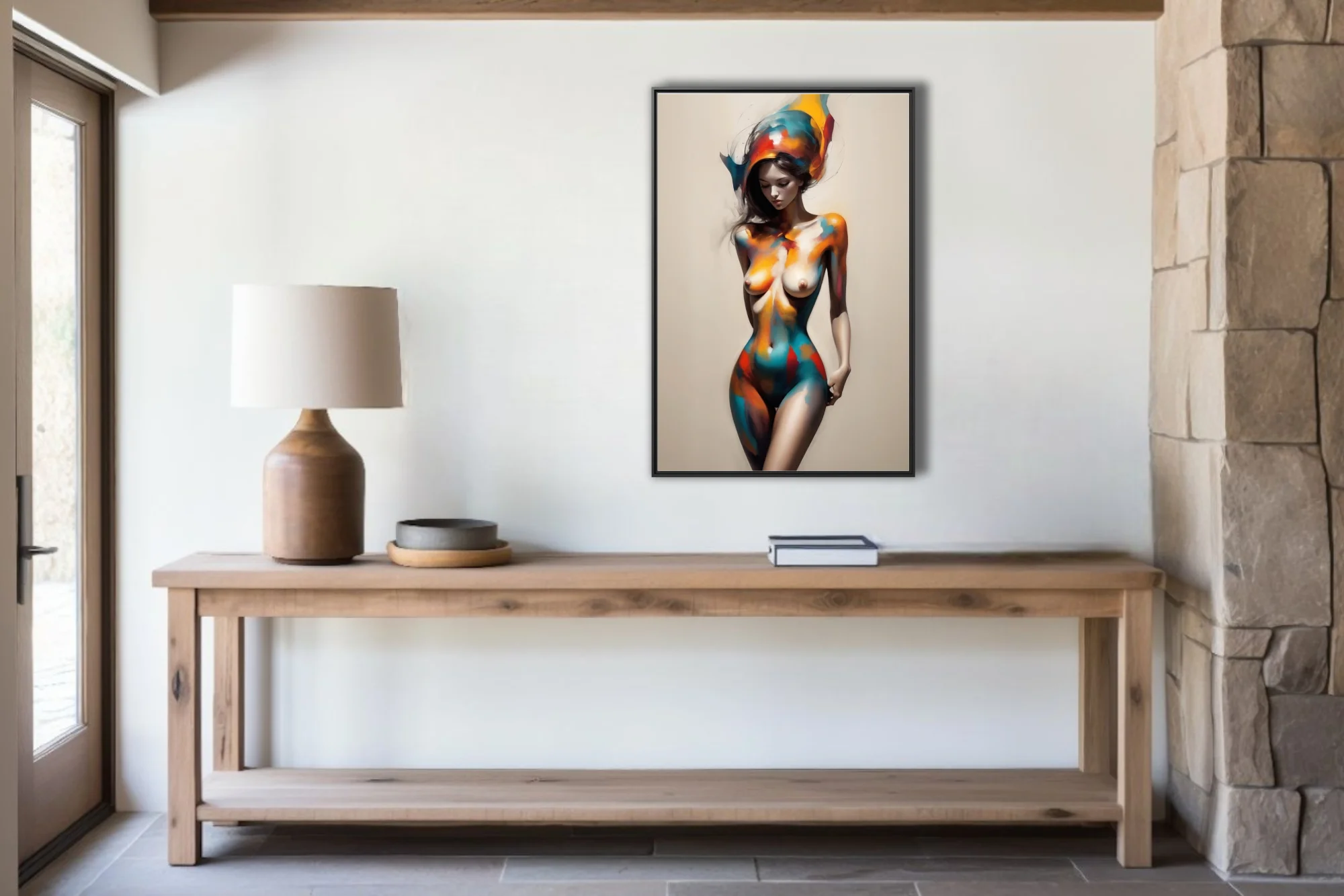 Expressive nude figure study with vivid teal, orange, and crimson strokes on cream