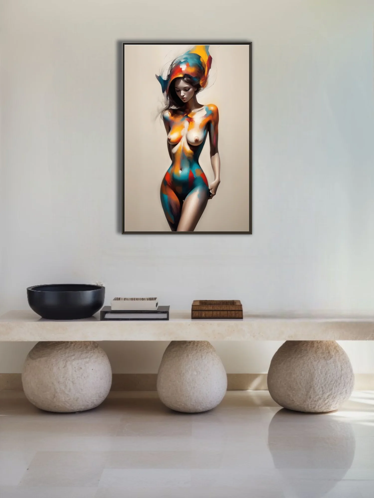 Expressive nude figure study with vivid teal, orange, and crimson strokes on cream