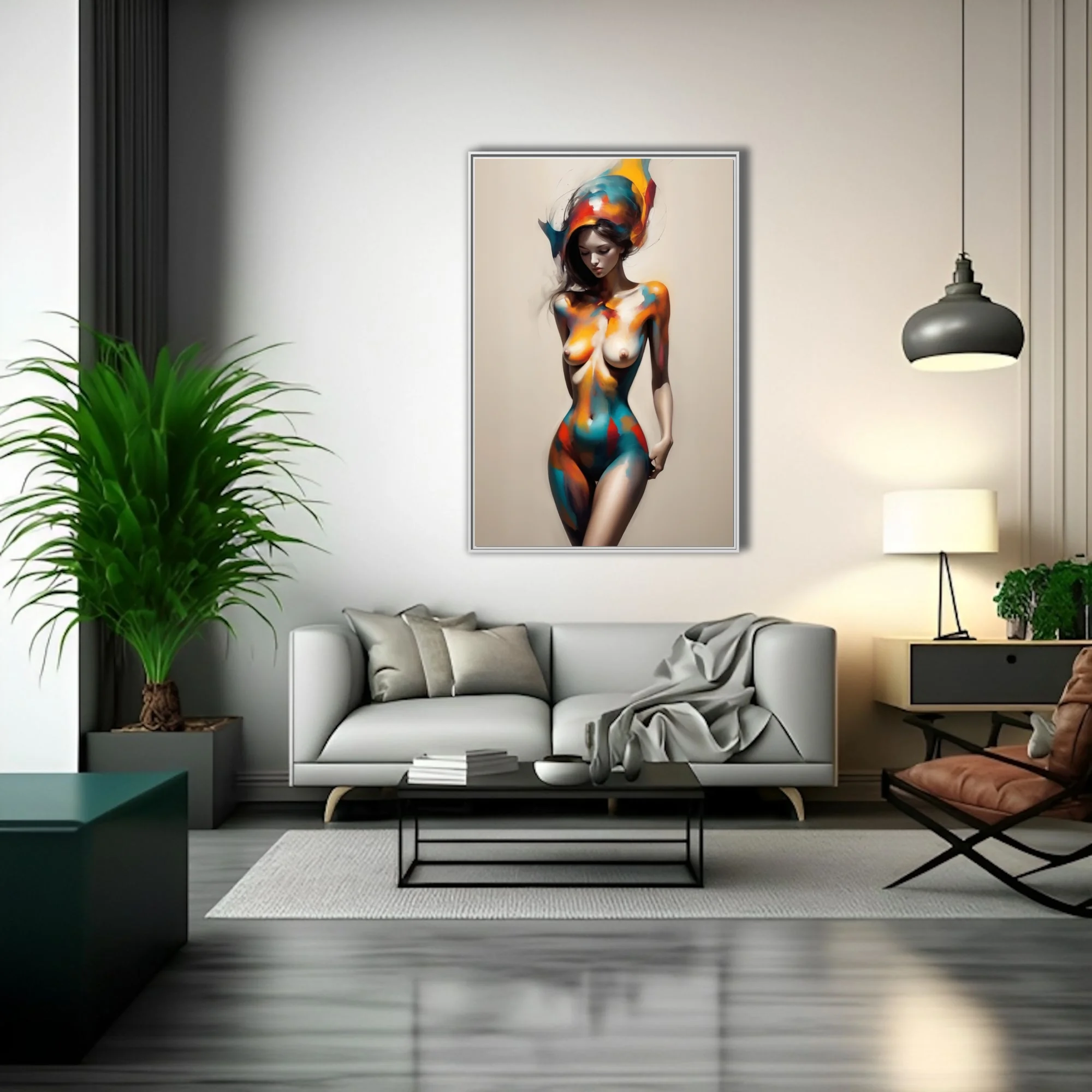 Expressive nude figure study with vivid teal, orange, and crimson strokes on cream