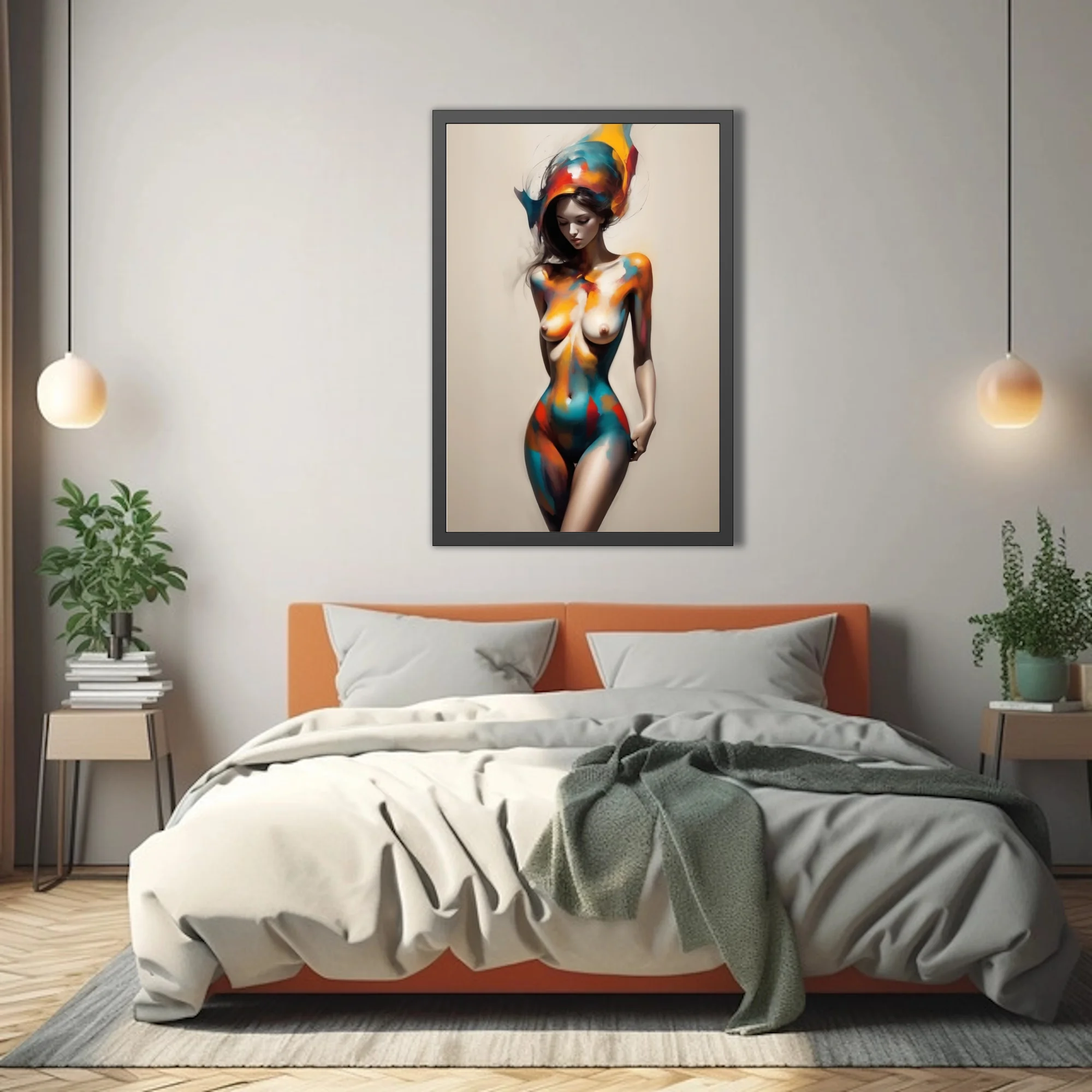 Expressive nude figure study with vivid teal, orange, and crimson strokes on cream