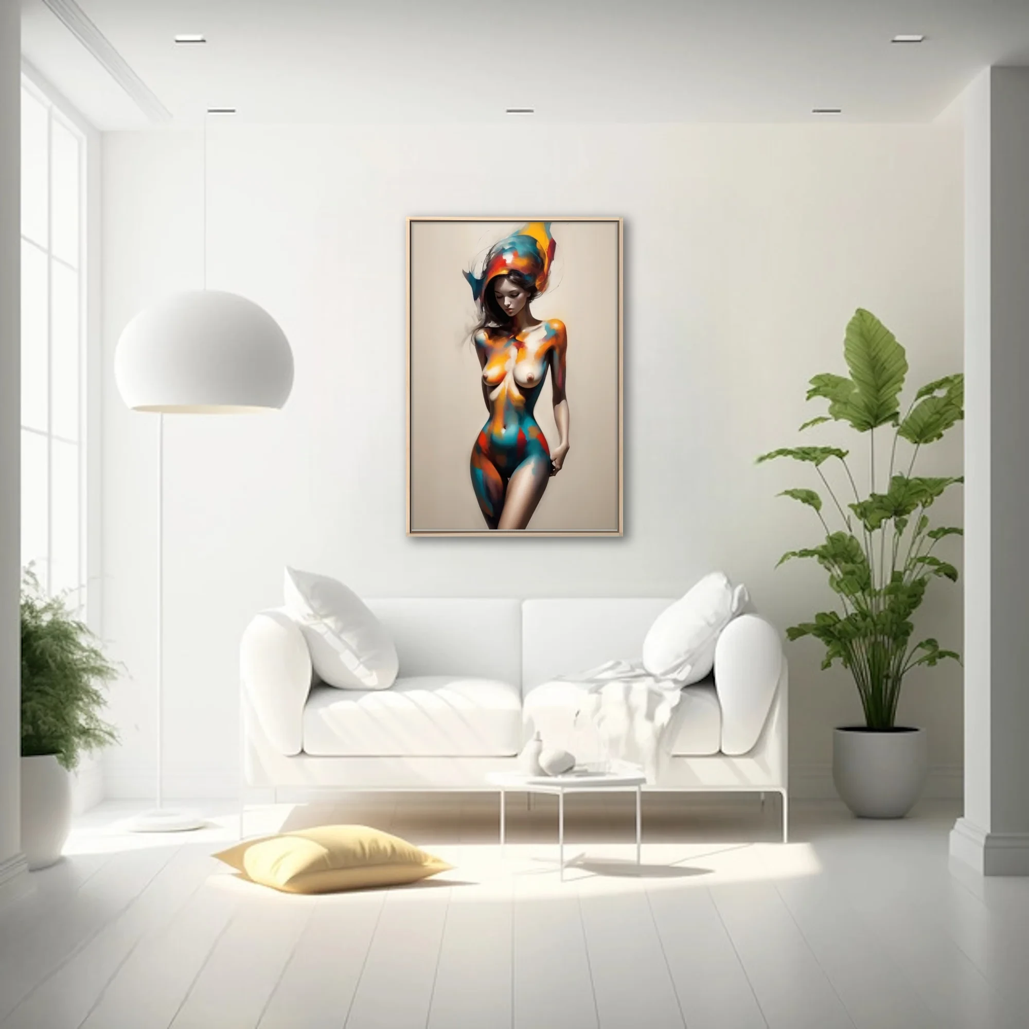 Expressive nude figure study with vivid teal, orange, and crimson strokes on cream