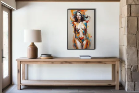 Expressive nude figure study in orange, blue, and cream with bold painterly strokes