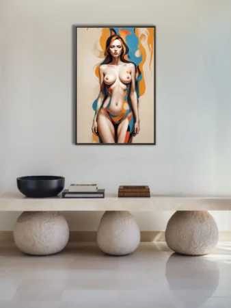 Contemporary painterly nude figure study with bold blue and orange swirls on ivory ground