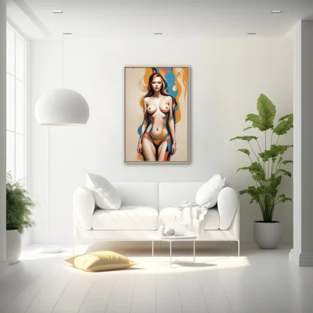 Contemporary painterly nude figure study with bold blue and orange swirls on ivory ground