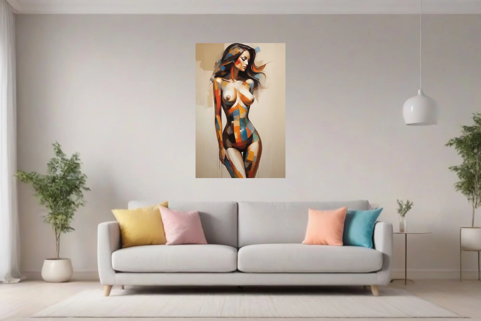 Abstract nude figure study with bold geometric color blocking in warm tones