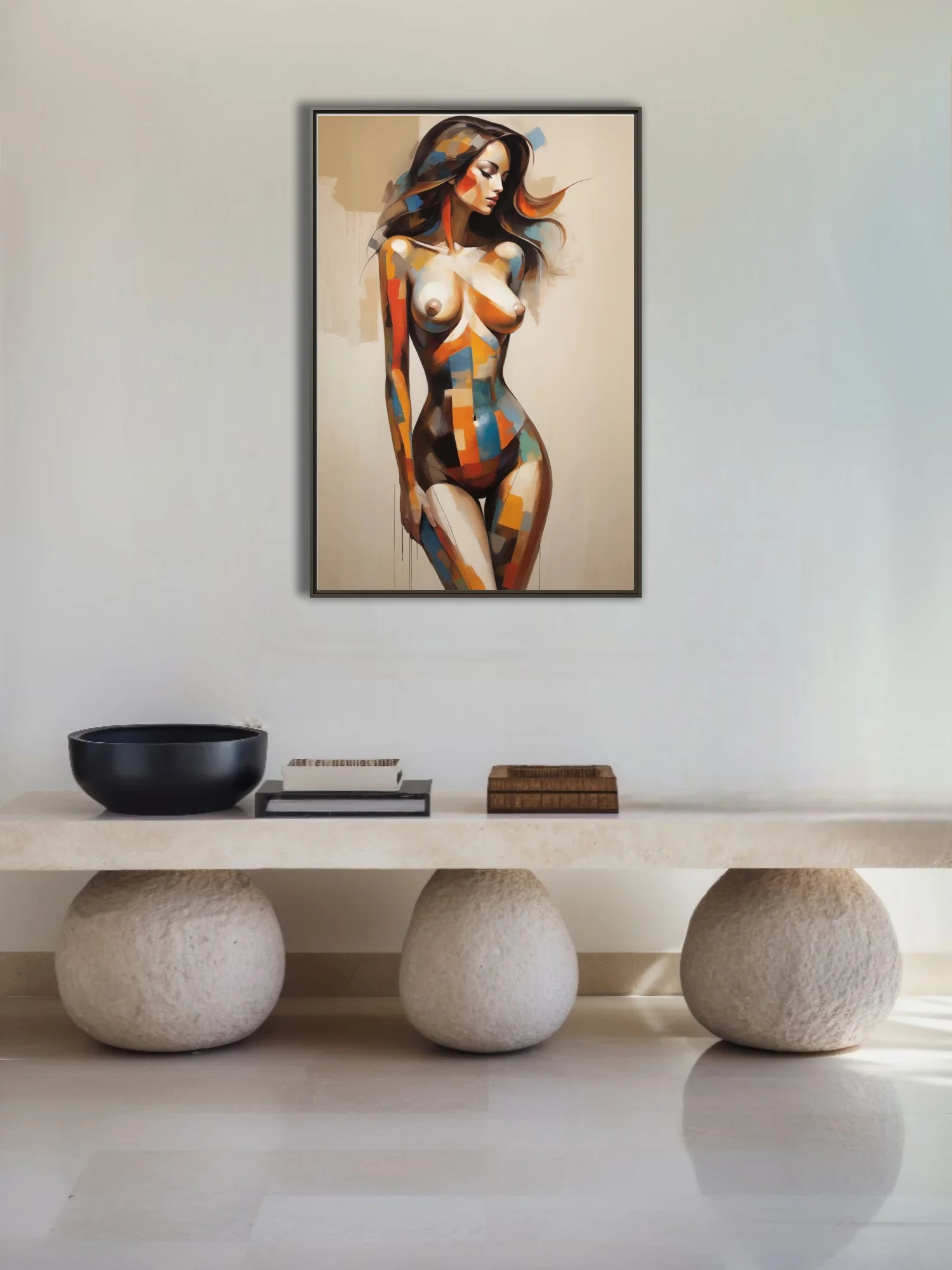 Abstract nude figure study with bold geometric color blocking in warm tones