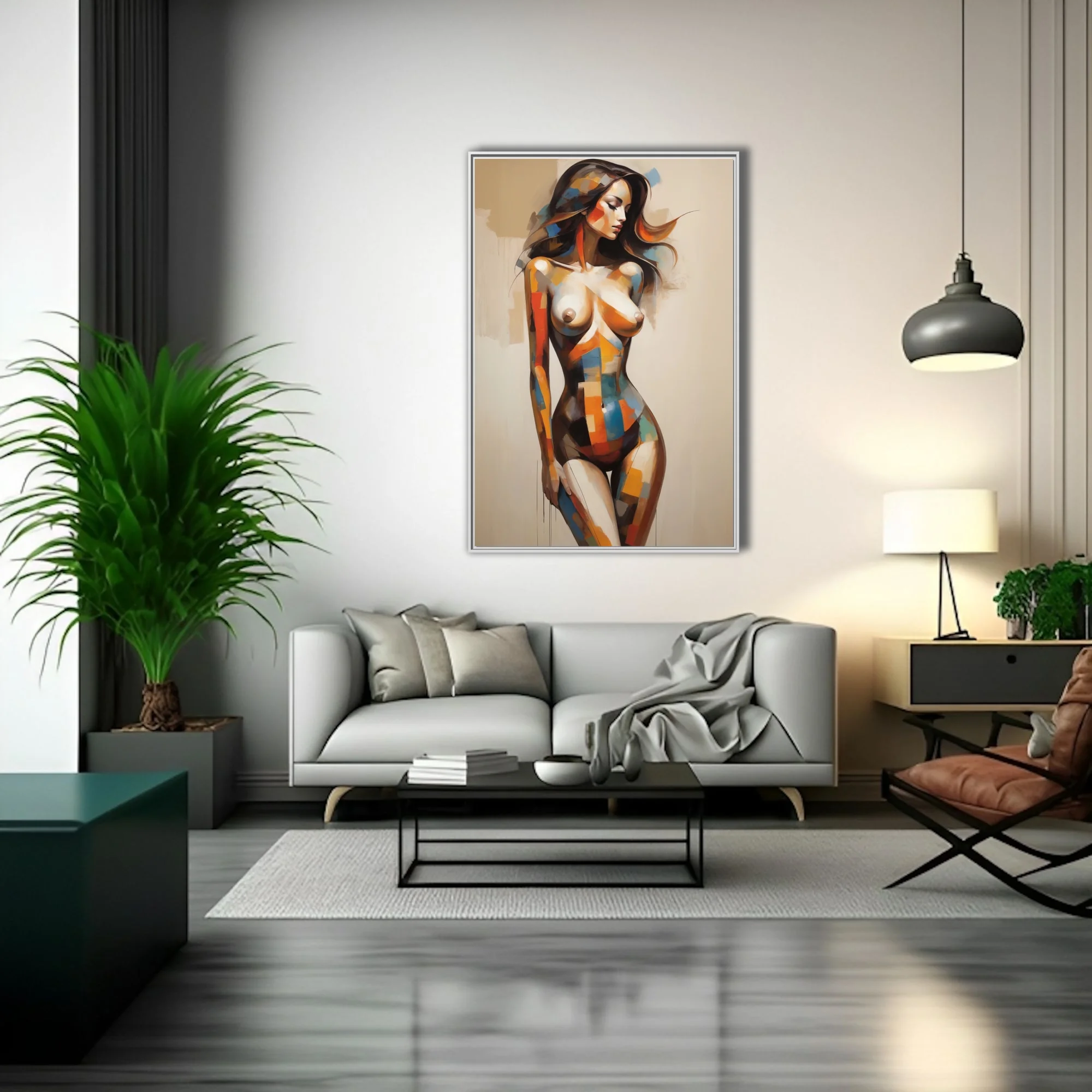 Abstract nude figure study with bold geometric color blocking in warm tones