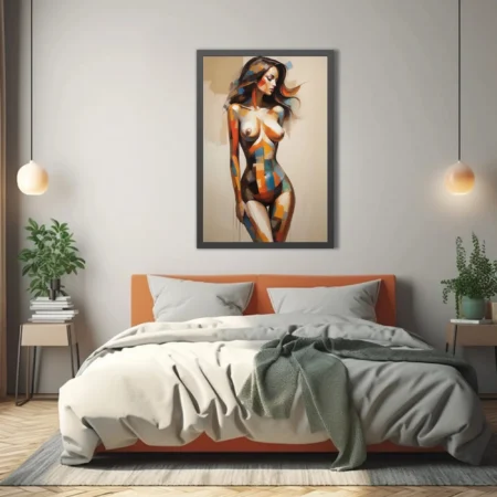 Abstract nude figure study with bold geometric color blocking in warm tones