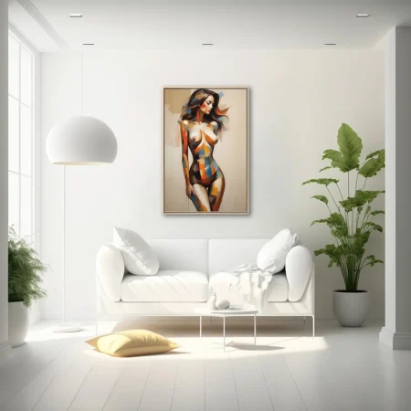 Abstract nude figure study with bold geometric color blocking in warm tones