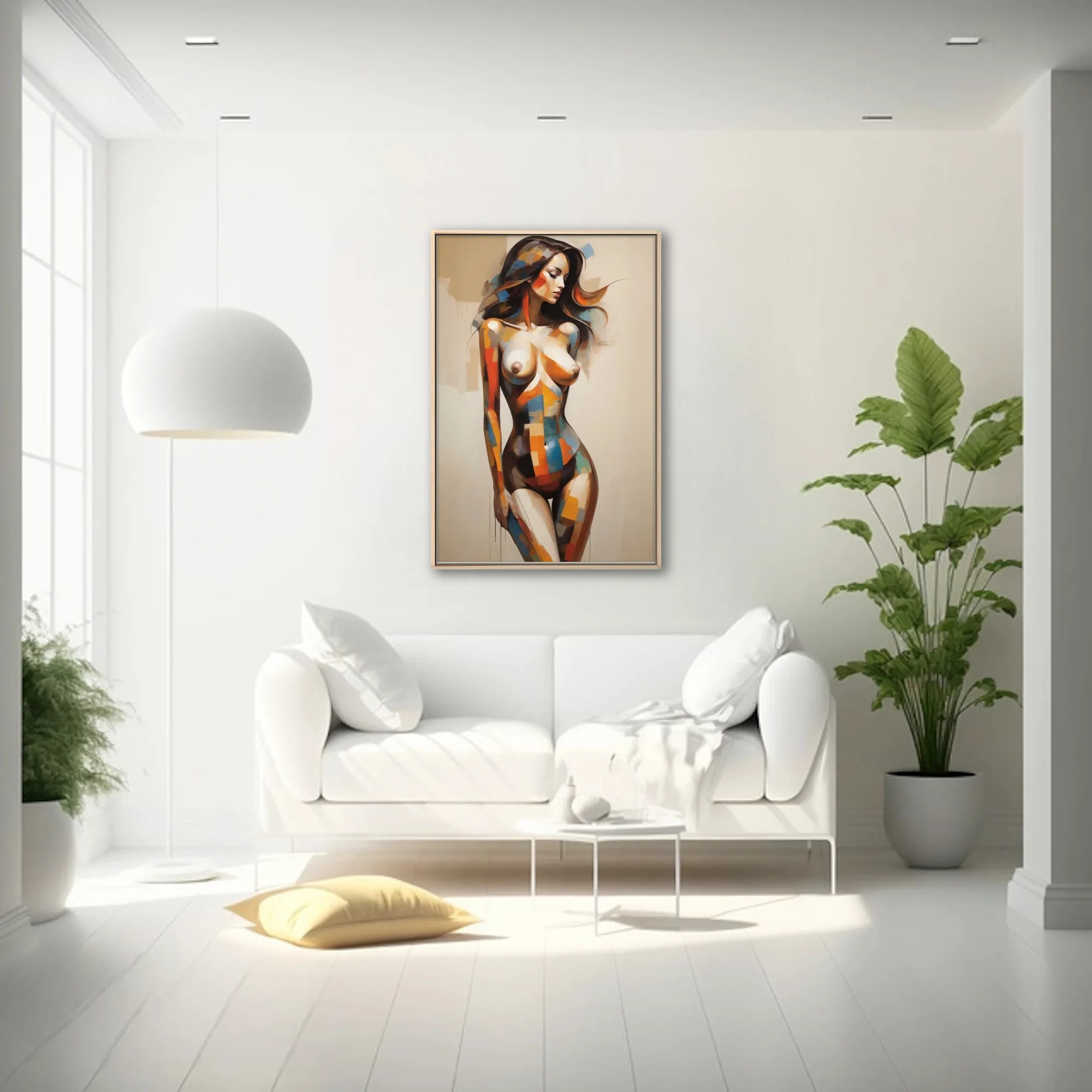 Abstract nude figure study with bold geometric color blocking in warm tones