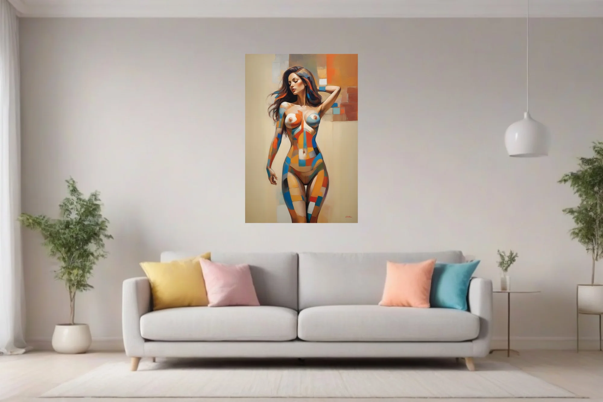 Abstract geometric nude figure study warm terracotta blue mid-century modern