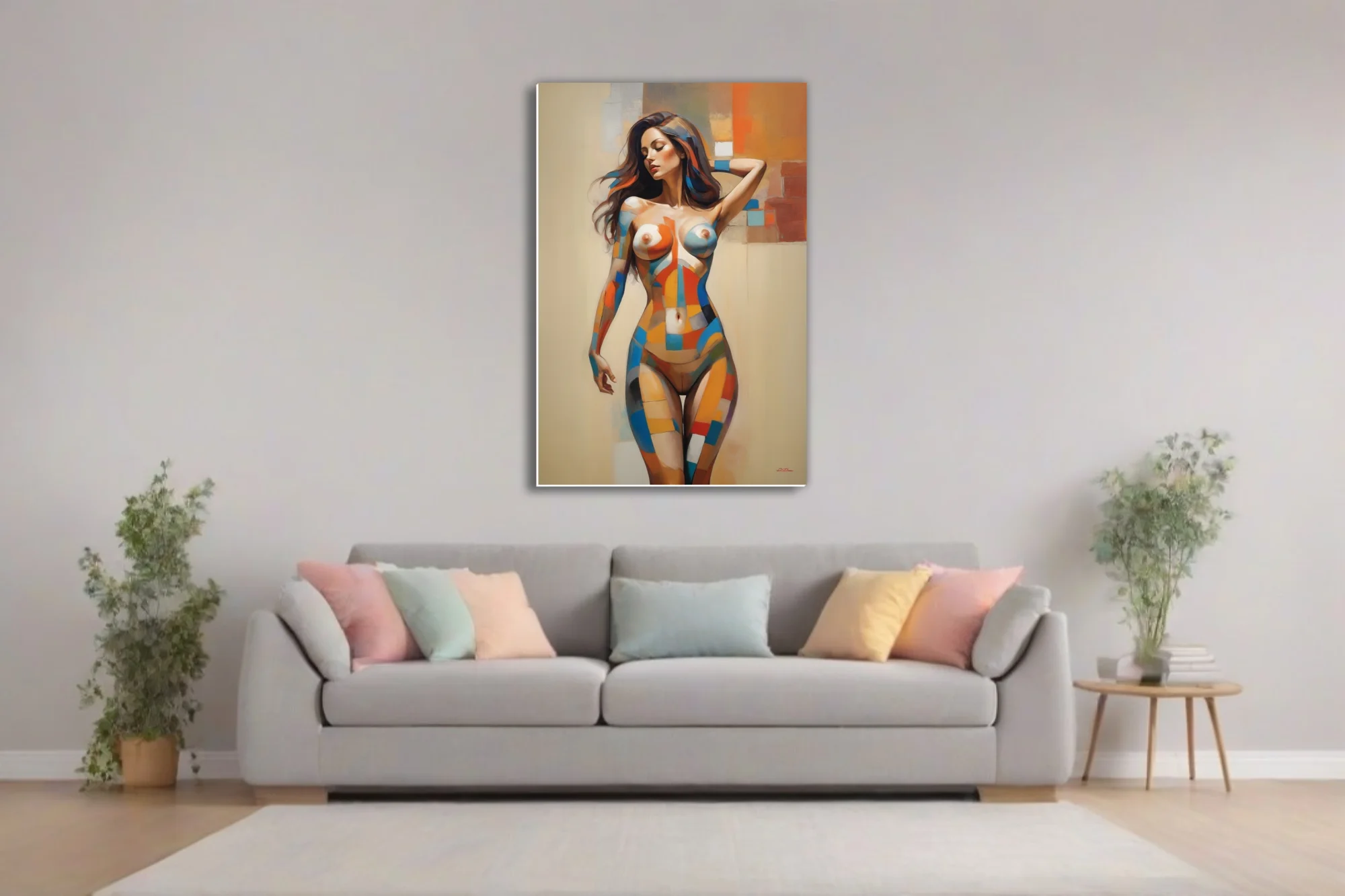 Abstract geometric nude figure study warm terracotta blue mid-century modern