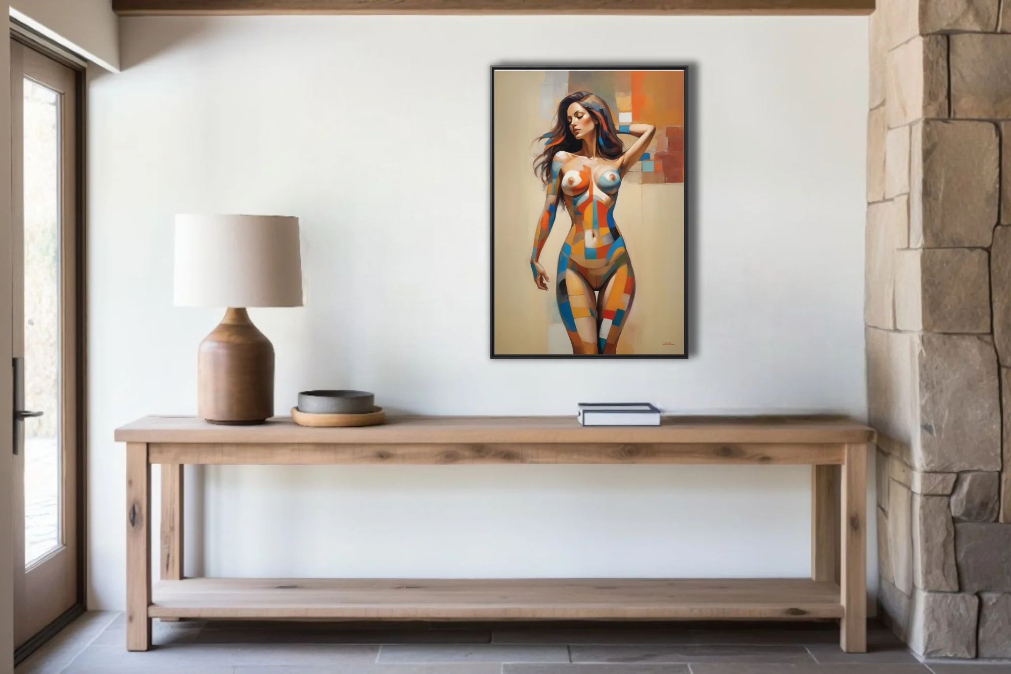 Abstract geometric nude figure study warm terracotta blue mid-century modern