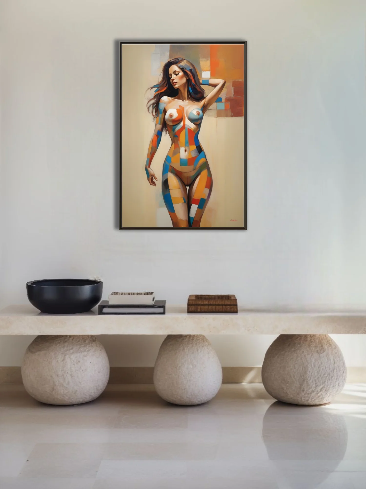Abstract geometric nude figure study warm terracotta blue mid-century modern