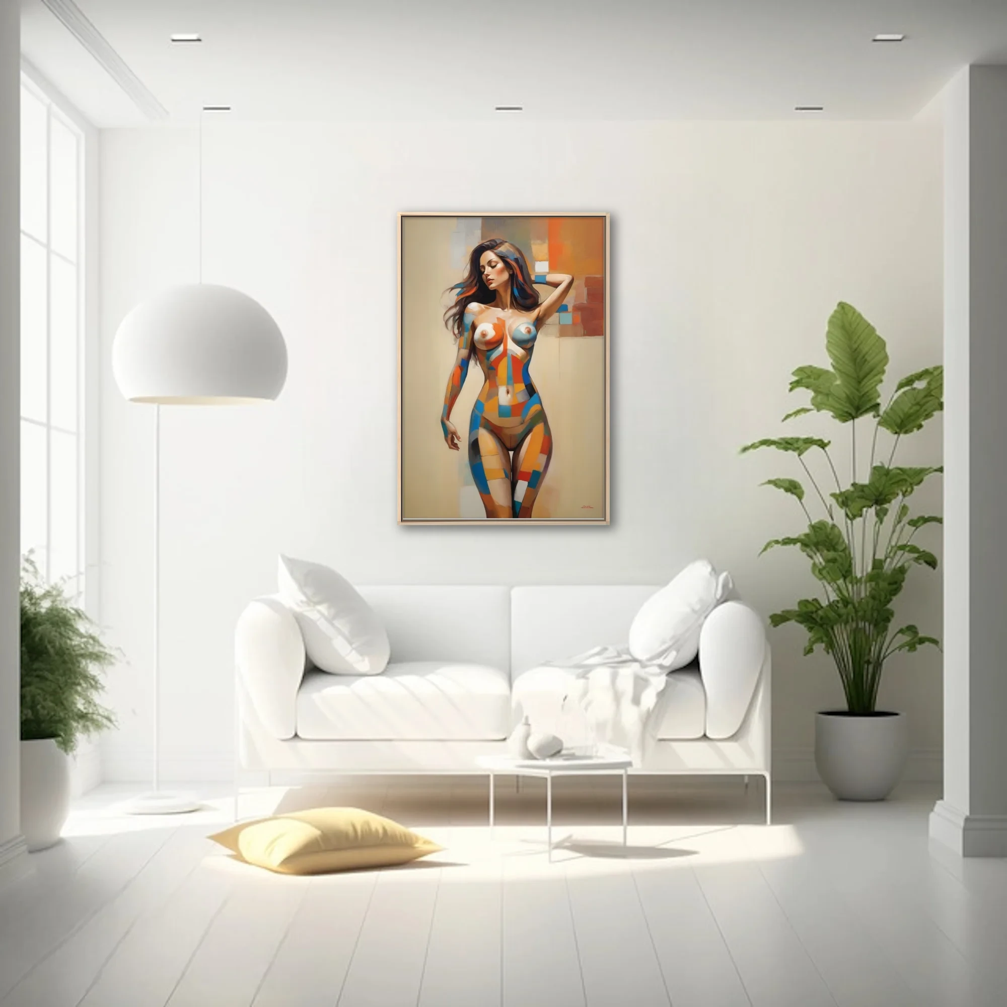 Abstract geometric nude figure study warm terracotta blue mid-century modern