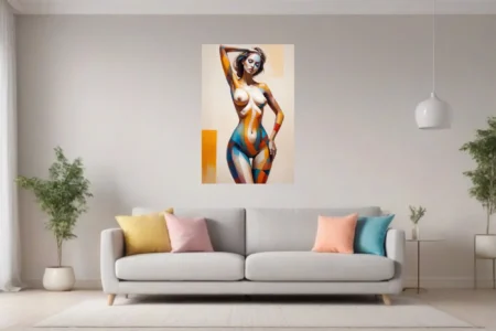 Geometric body-paint figure study in amber, teal, and orange abstract graphic style