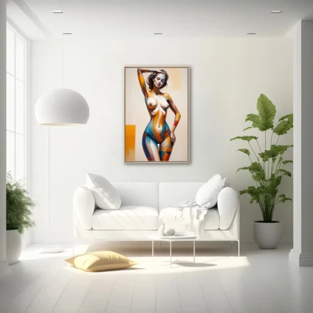 Geometric body-paint figure study in amber, teal, and orange abstract graphic style