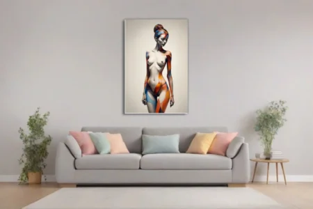 Abstract nude figure study with vermilion, cobalt and ochre color blocks on monochrome body, modern wall art