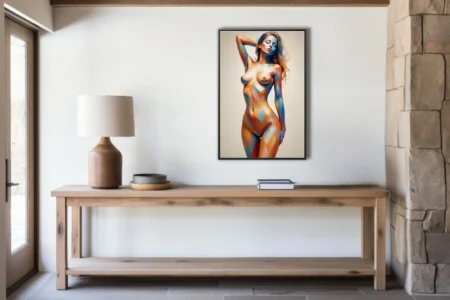 Abstract nude figure study with geometric color-blocking in amber and blue tones