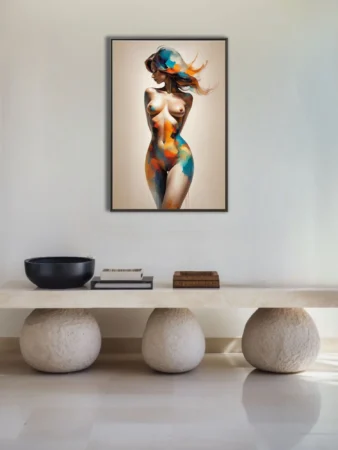 Contemporary abstract nude figure study in teal and orange with gestural strokes on cream
