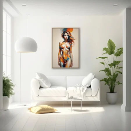 Vibrant abstract nude figure study in orange, cobalt and ochre painterly strokes on cream